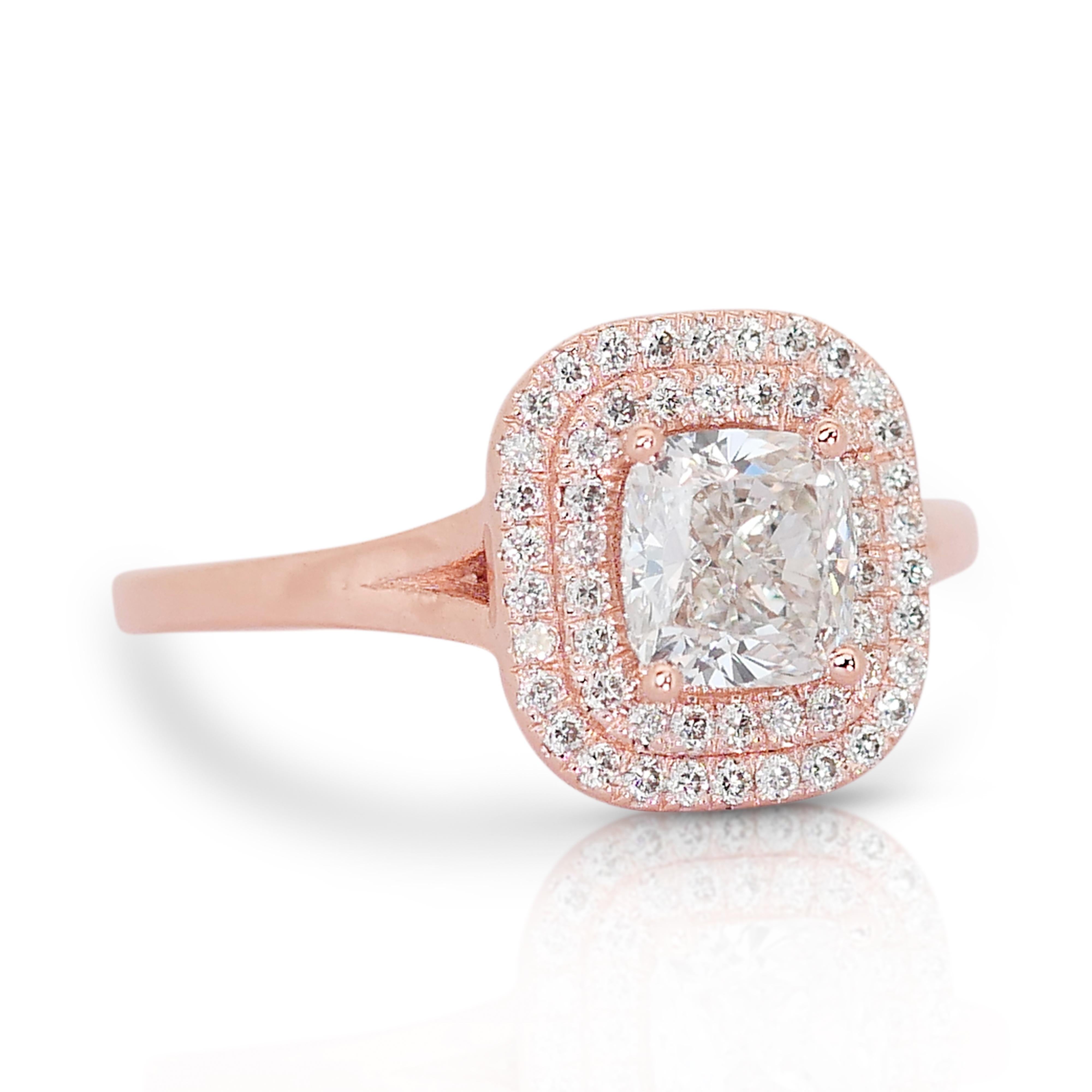 Cushion Cut Timeless 14k Rose Gold Diamond Double Halo Ring w/1.23 ct - IGI Certified For Sale