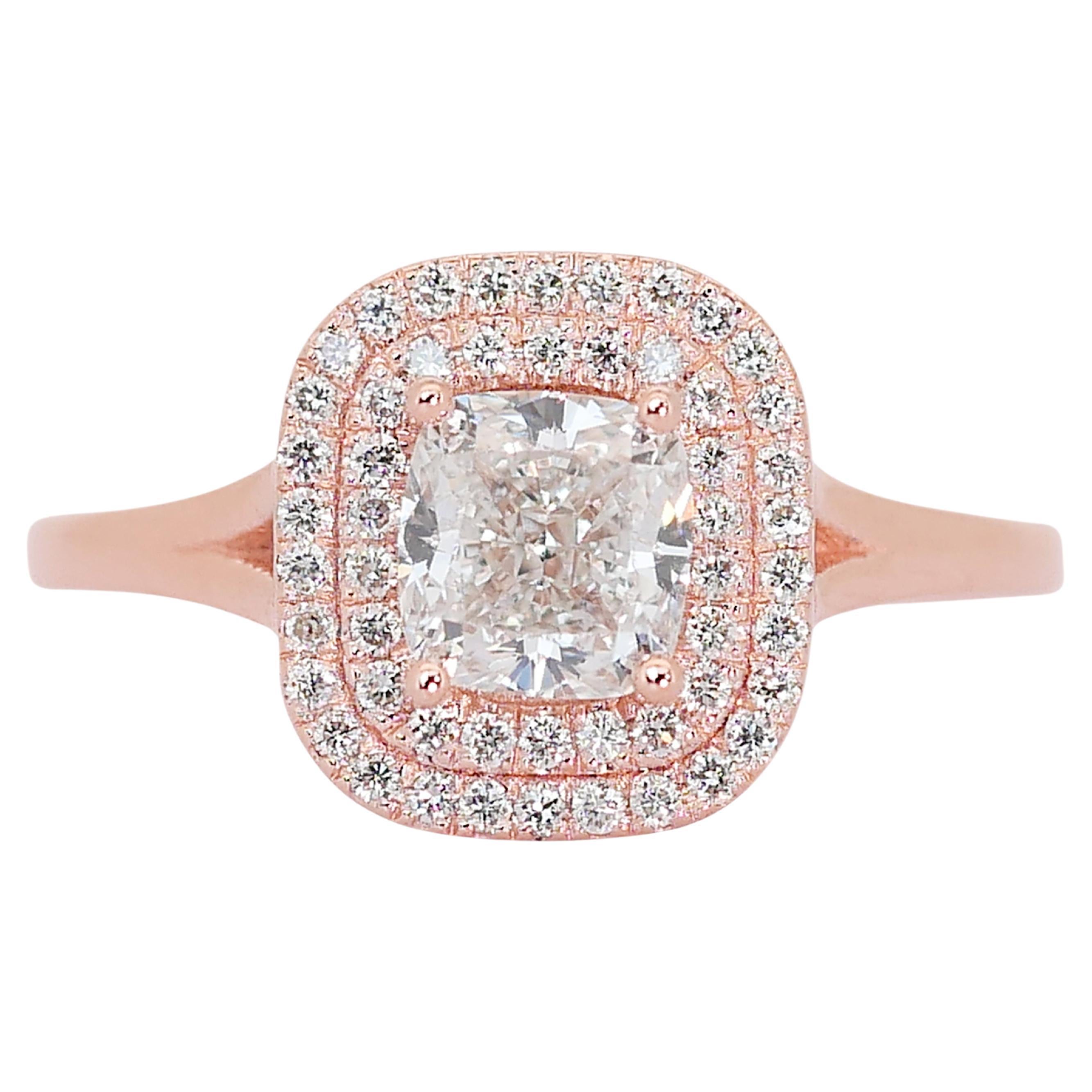 Timeless 14k Rose Gold Diamond Double Halo Ring w/1.23 ct - IGI Certified For Sale