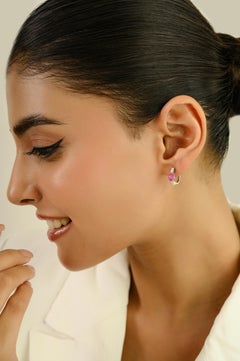 Timeless 14K White Gold Huggie Hoop Earrings With 1.03Ct Pear Cut Ruby & Diamond