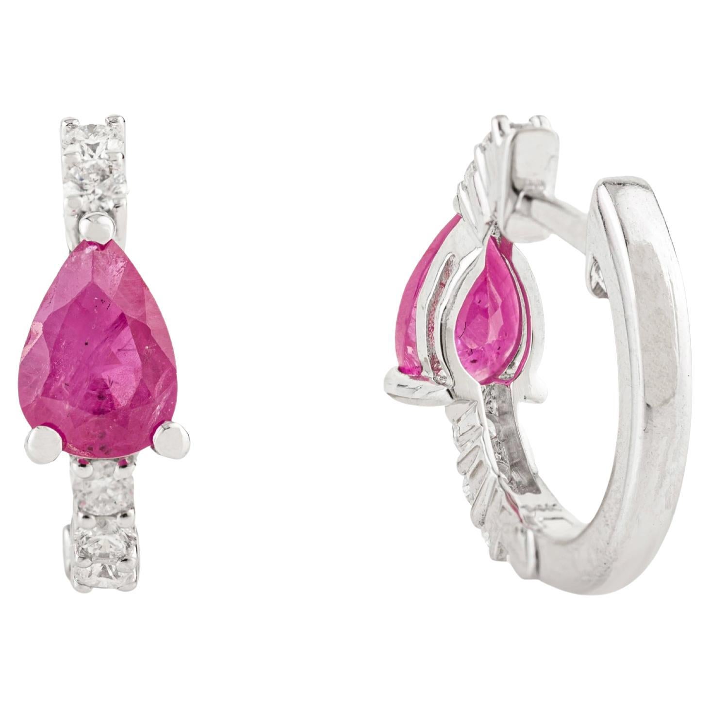 Timeless 14K White Gold Huggie Hoop Earrings With 1.03Ct Pear Cut Ruby 
Diamond For Sale