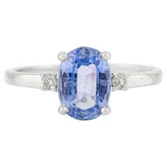 Bague intemporelle en or blanc 14k à trois pierres, saphir ovale et diamant, pour femme
