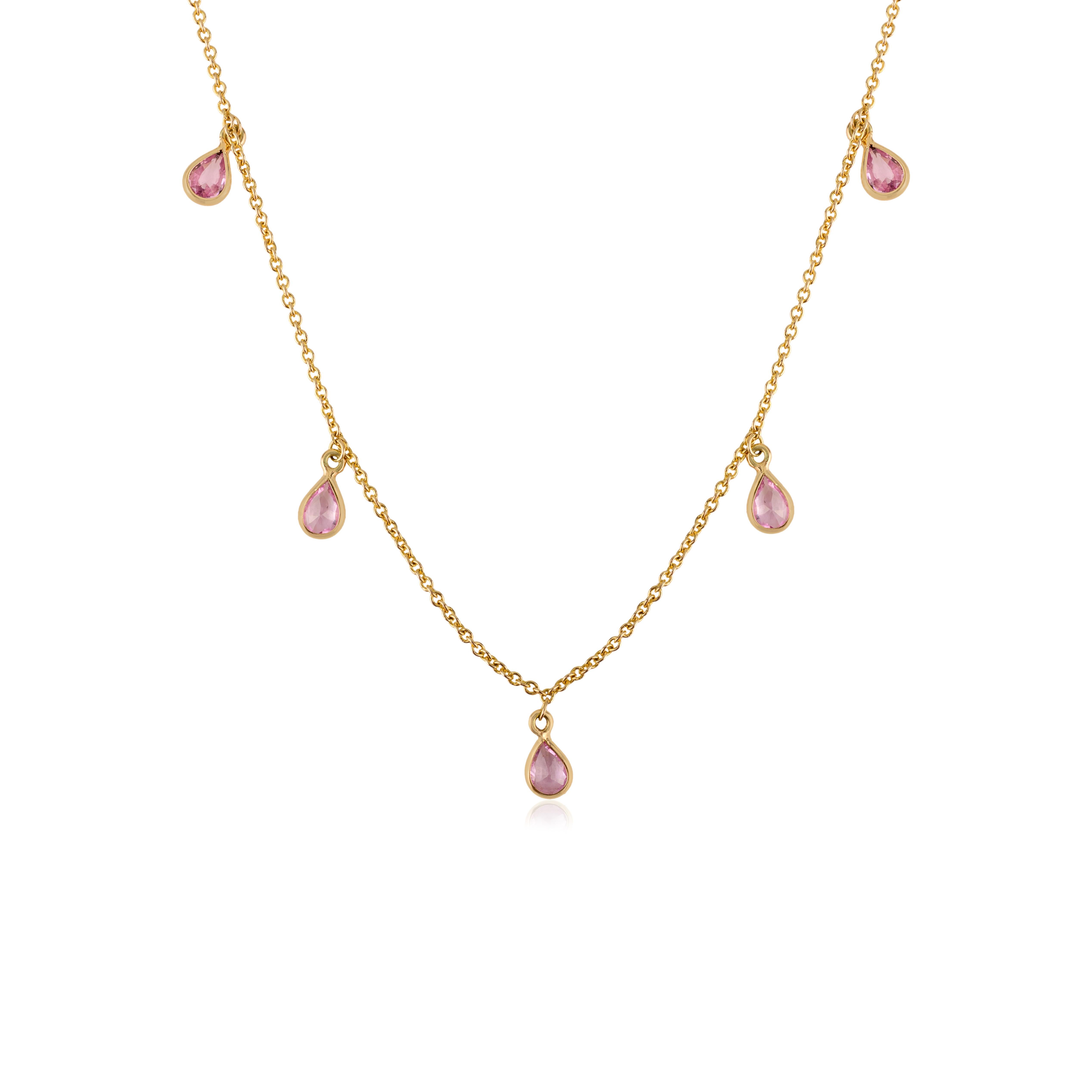 Collier intemporel en or jaune 14k avec 1.37Ct de saphirs roses taille poire Neuf - En vente à New York, NY