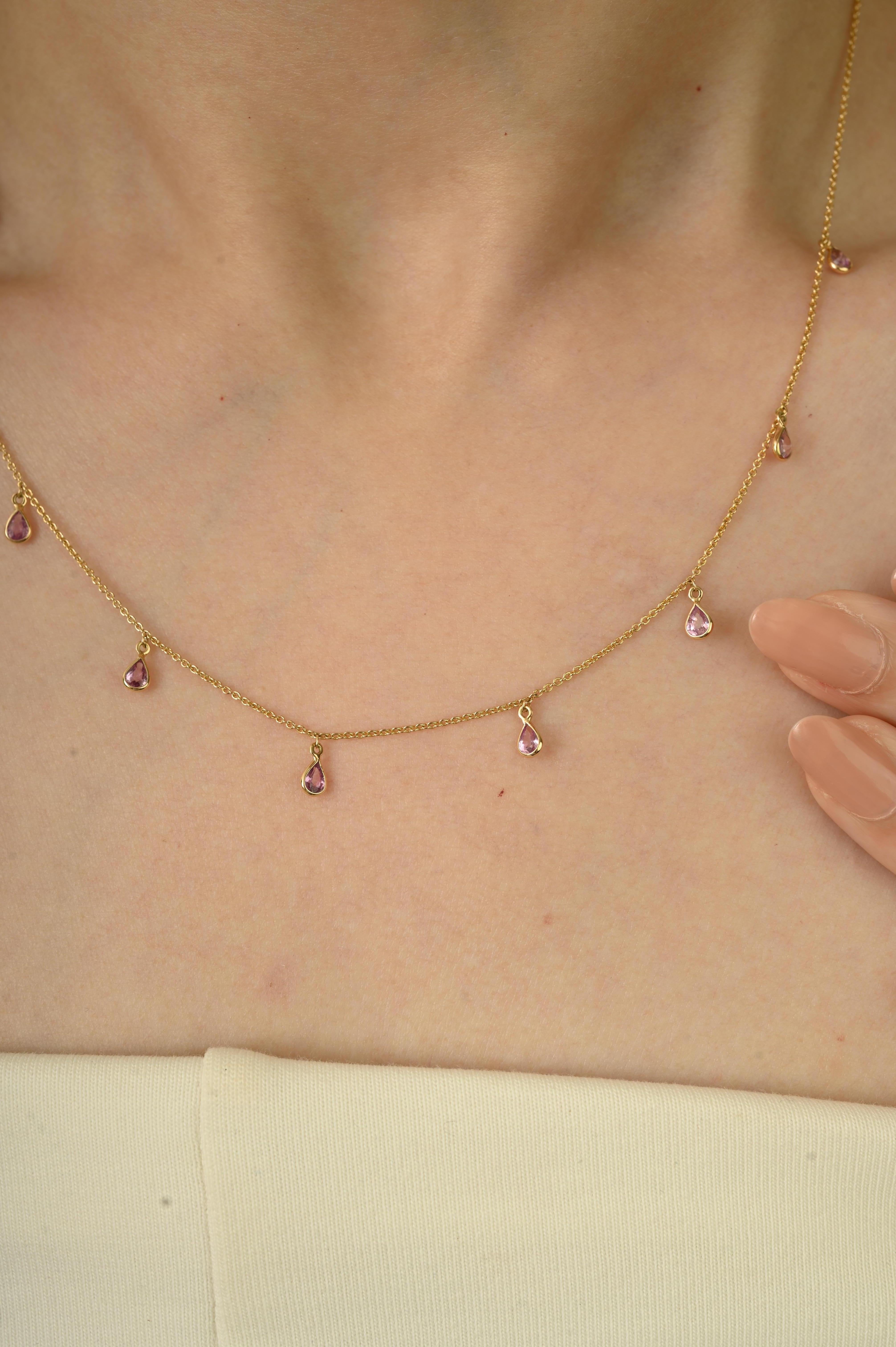 Collier intemporel en or jaune 14k avec 1.37Ct de saphirs roses taille poire Pour femmes en vente