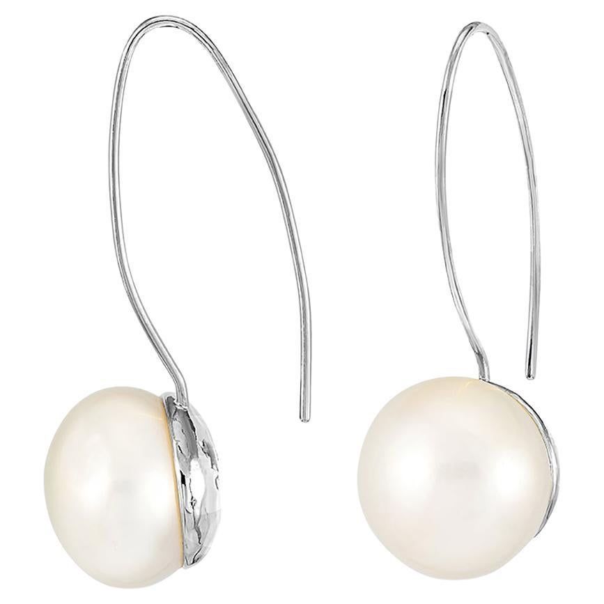 Timeless 14mm Long White Pearl Earrings In Sterling Silver For Sale