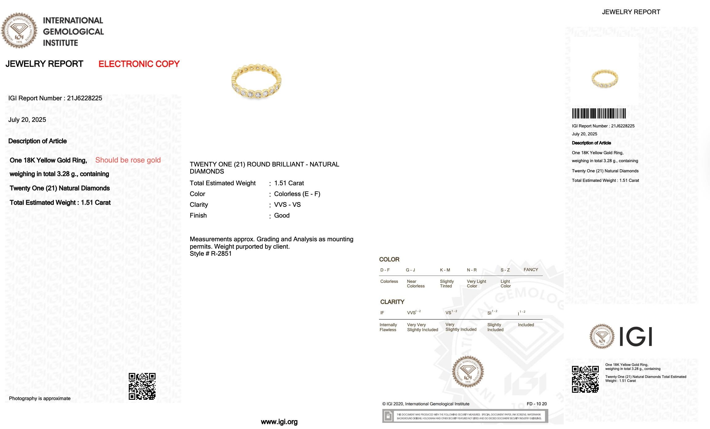 Anello Eternità senza tempo con 1,51 carati di diamanti in oro giallo 18 carati - Certificato IGI in vendita 1