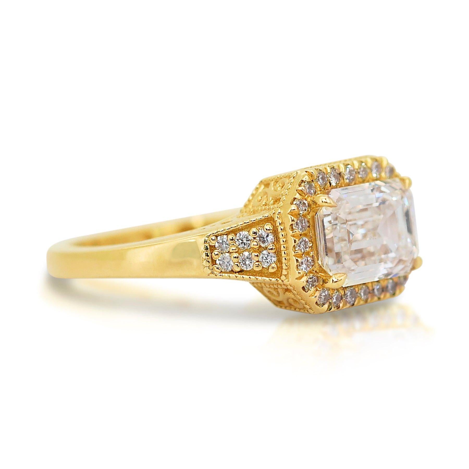 Timeless 1.71ct Double Excellent Ideal Cut Diamonds Halo Ring in 18k Yellow Gold - GIA Certified

This stunning 18k yellow gold halo ring showcases a captivating 1.51ct emerald-cut diamond, renowned for its double excellent ideal cut, which