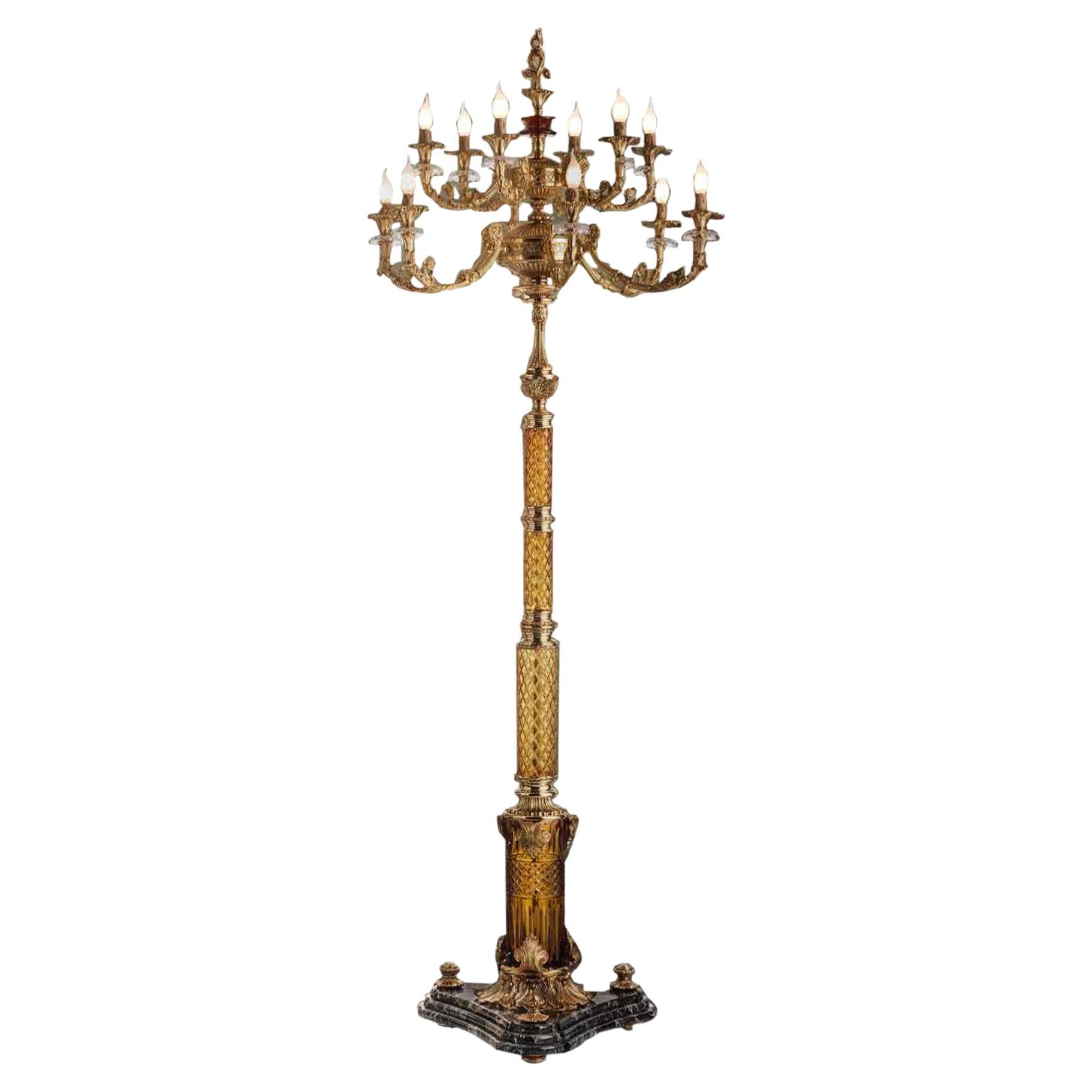 Timeless 18-Light Floor Lamp with Amber Crystal and Gold Finishing Appliqué For Sale