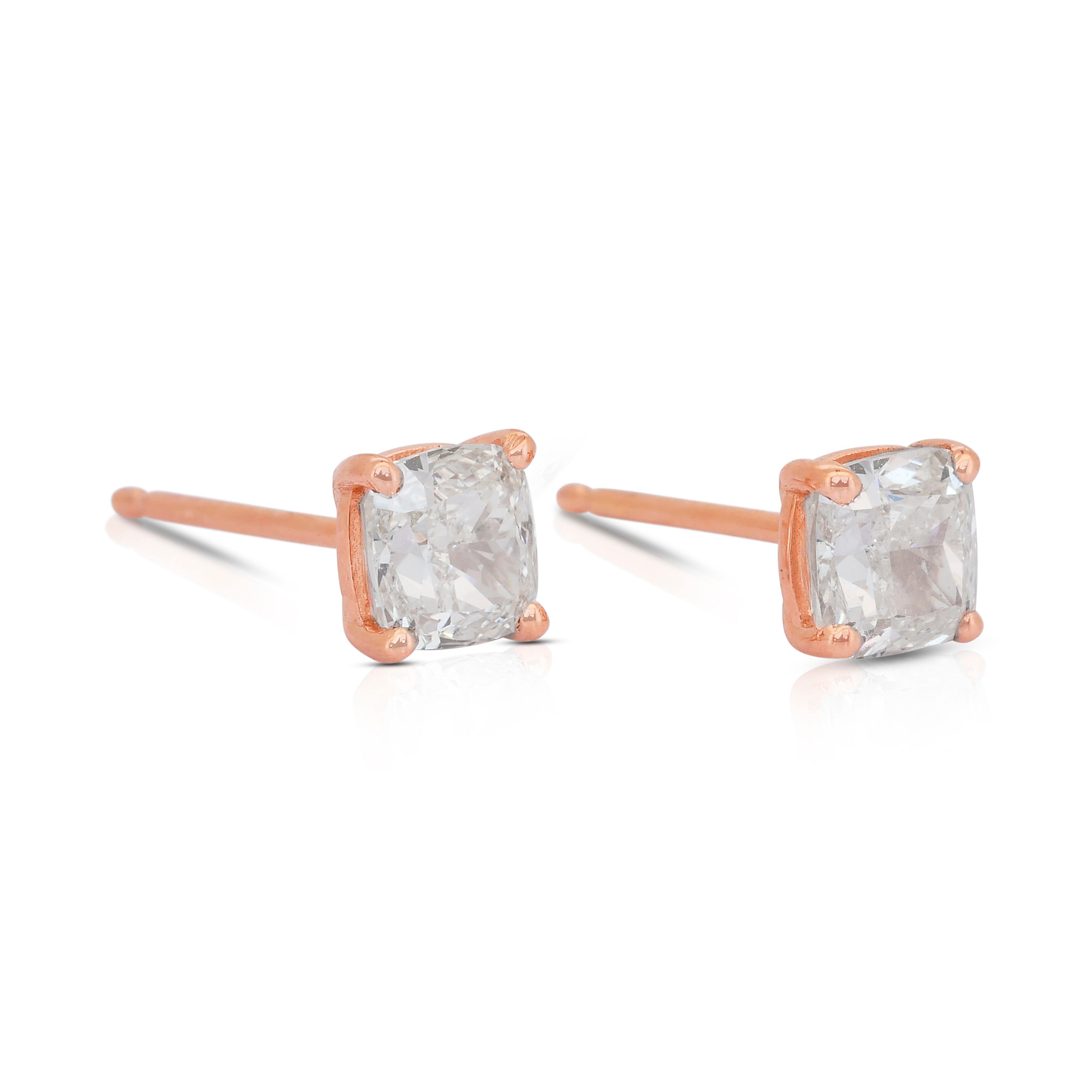 Cushion Cut Timeless 1.86ct Diamonds Stud Earrings in 18k Rose Gold - IGI Certified For Sale