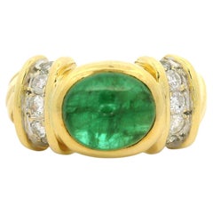 Timeless Bague en or jaune 18 carats GIA 3.05ctw Cabochon Emeraude Diamant Câble Torsadé