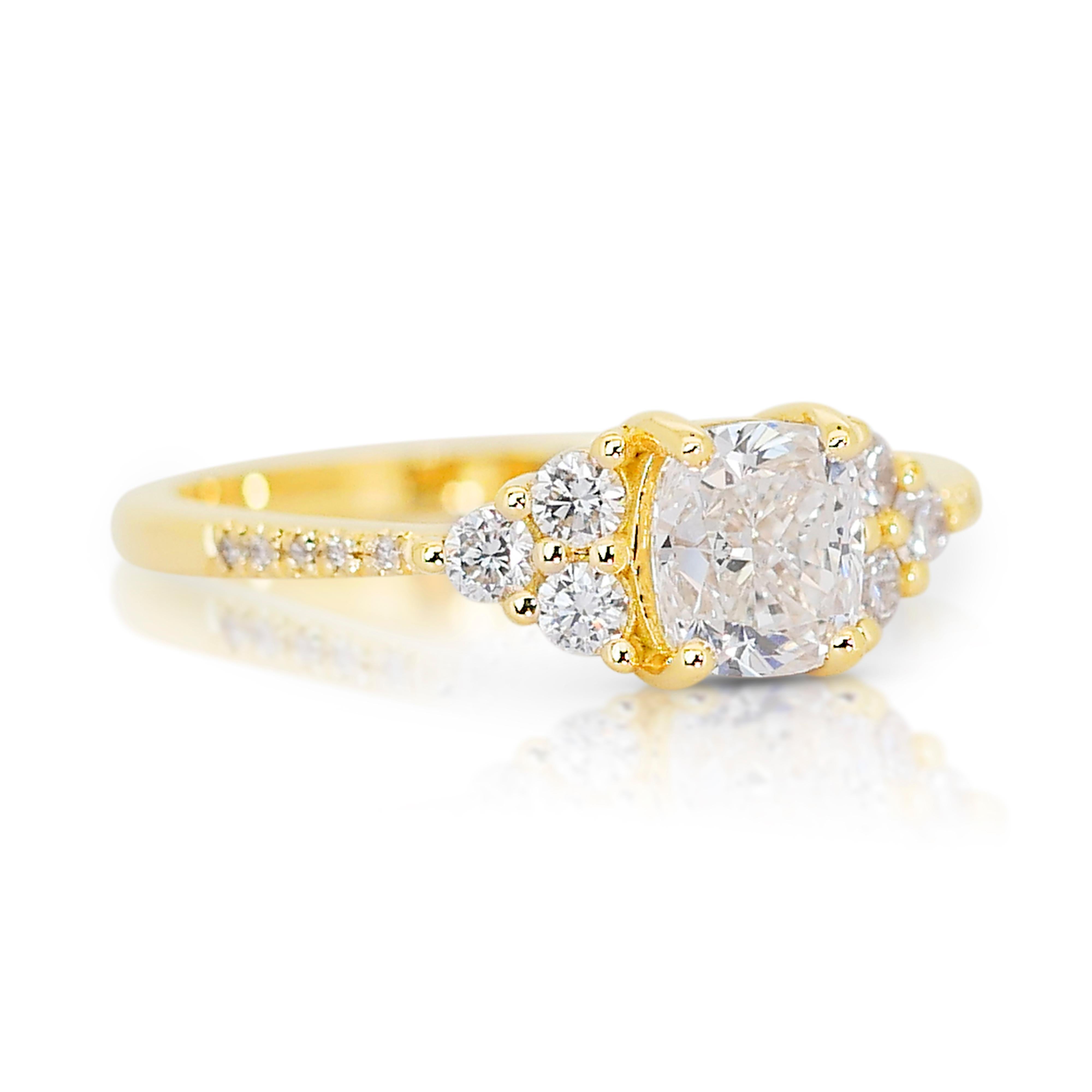 Cushion Cut Timeless 18k Yellow Gold Pave Diamond Ring w/1.15 ct - IGI Certified For Sale