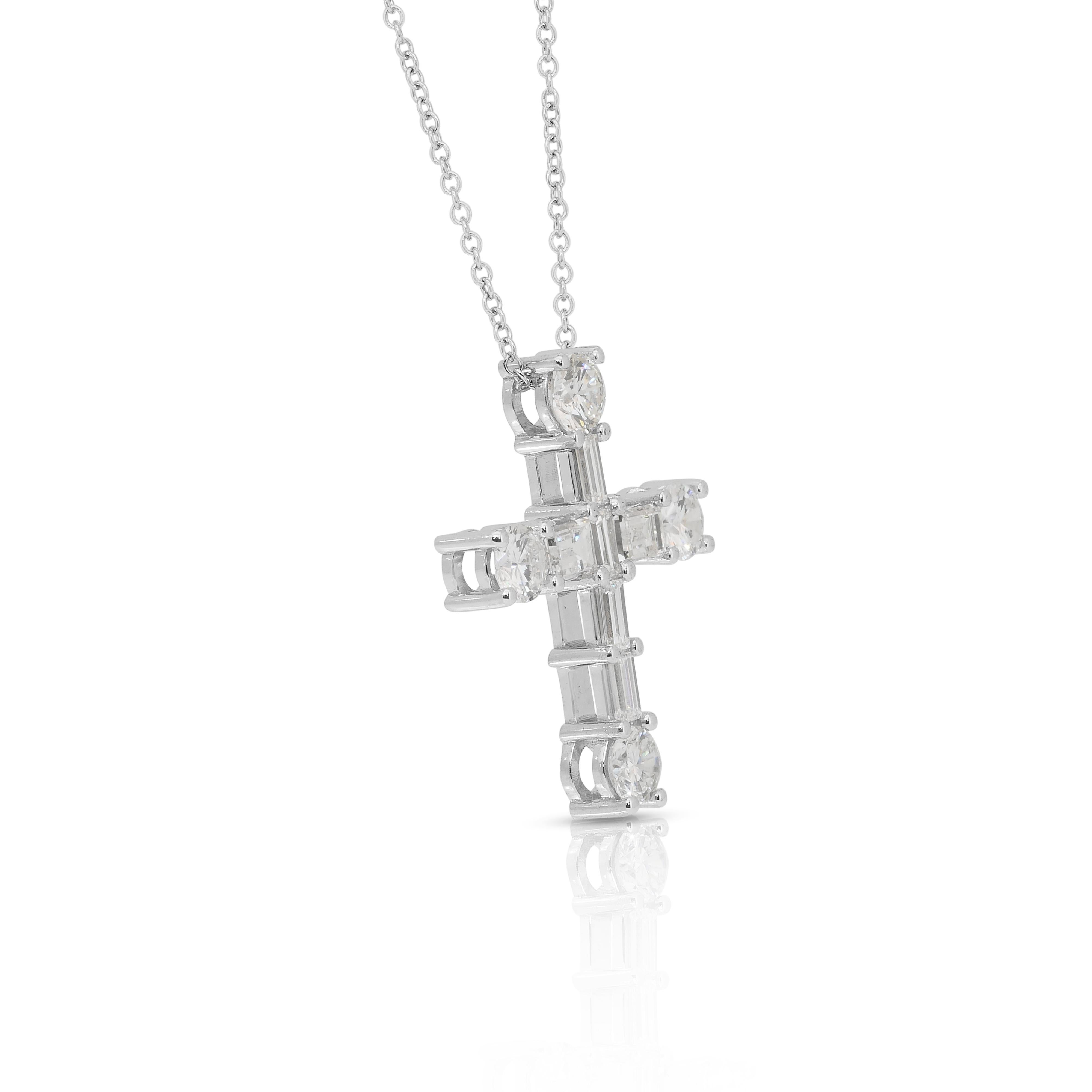 Baguette Cut Timeless 1.96ct Diamonds Necklace with Cross Pendant in 18k White Gold