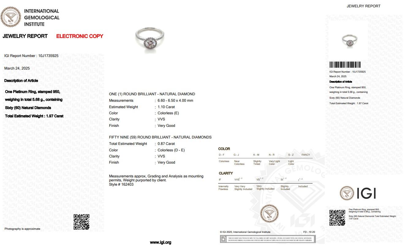 Zeitloser 1,97ct Diamanten Halo Ring in Platin - IGI zertifiziert Damen