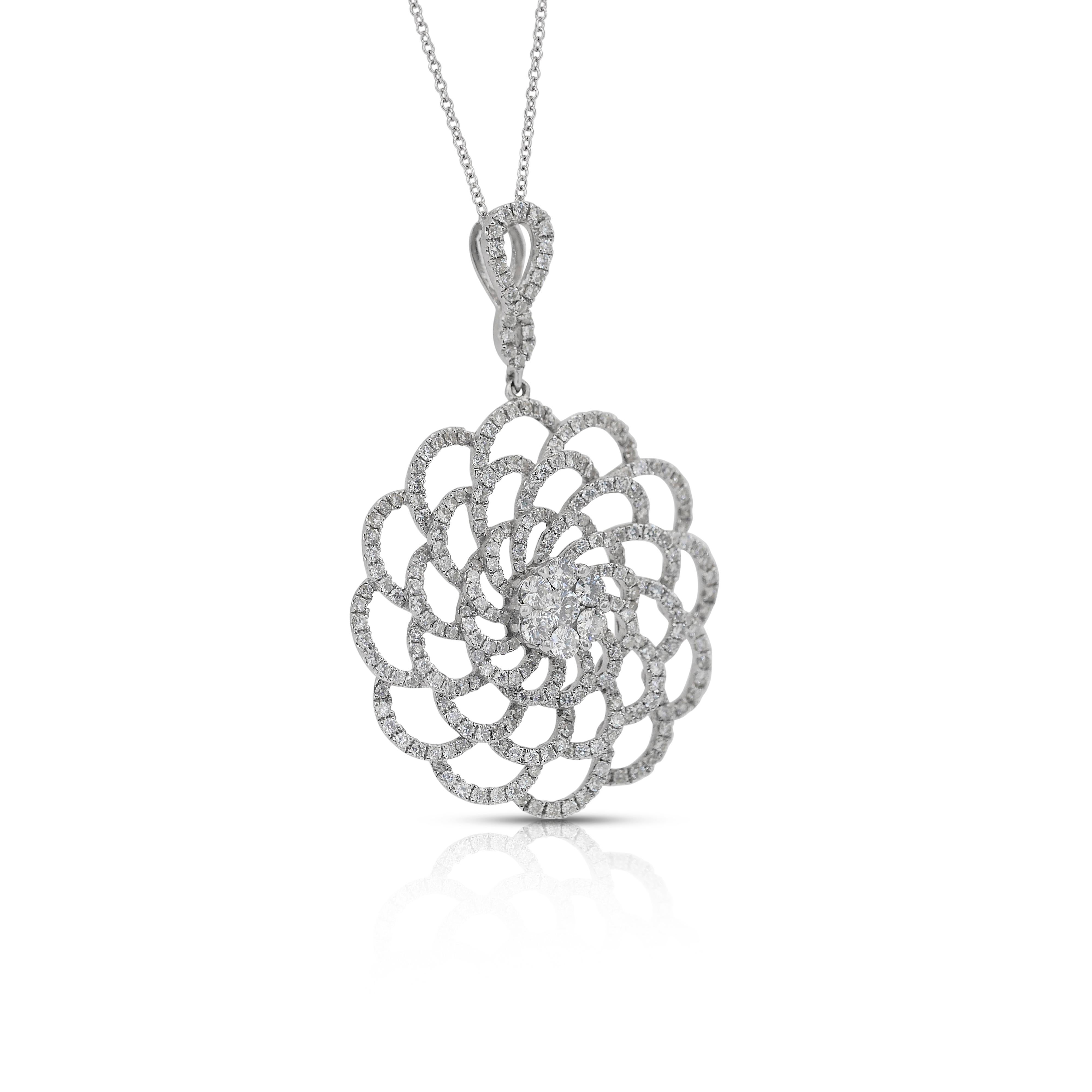 Collier intemporel avec pendentif en or blanc 18 carats de 2,00 ct de diamants - certifié IGI

L'élégance rencontre la brillance dans ce superbe collier en or blanc 18 carats, orné de 280 diamants ronds étincelants d'une valeur totale de 2,00 ct. Ce