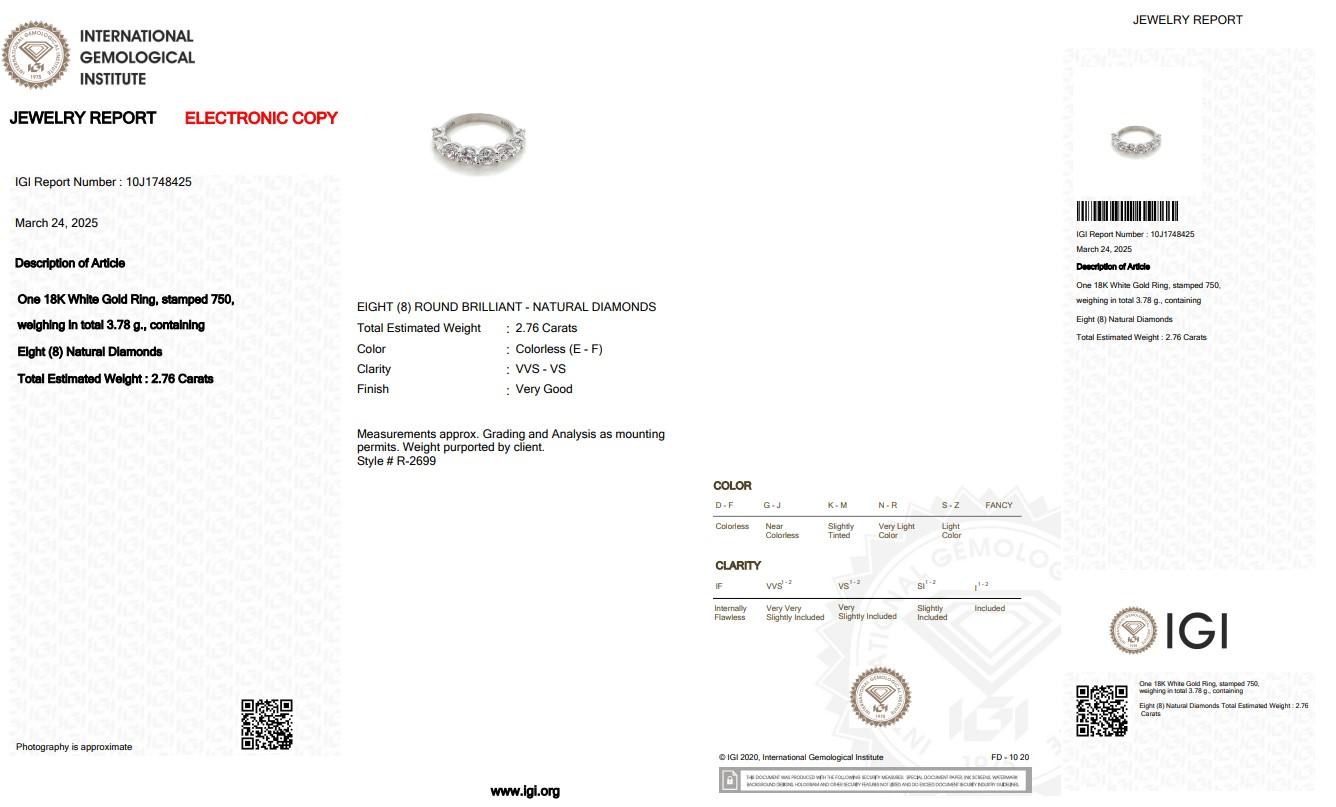 Bague demi-éternité intemporelle en or blanc 18 carats avec 2,76 ct de diamants - certifiée IGI 1