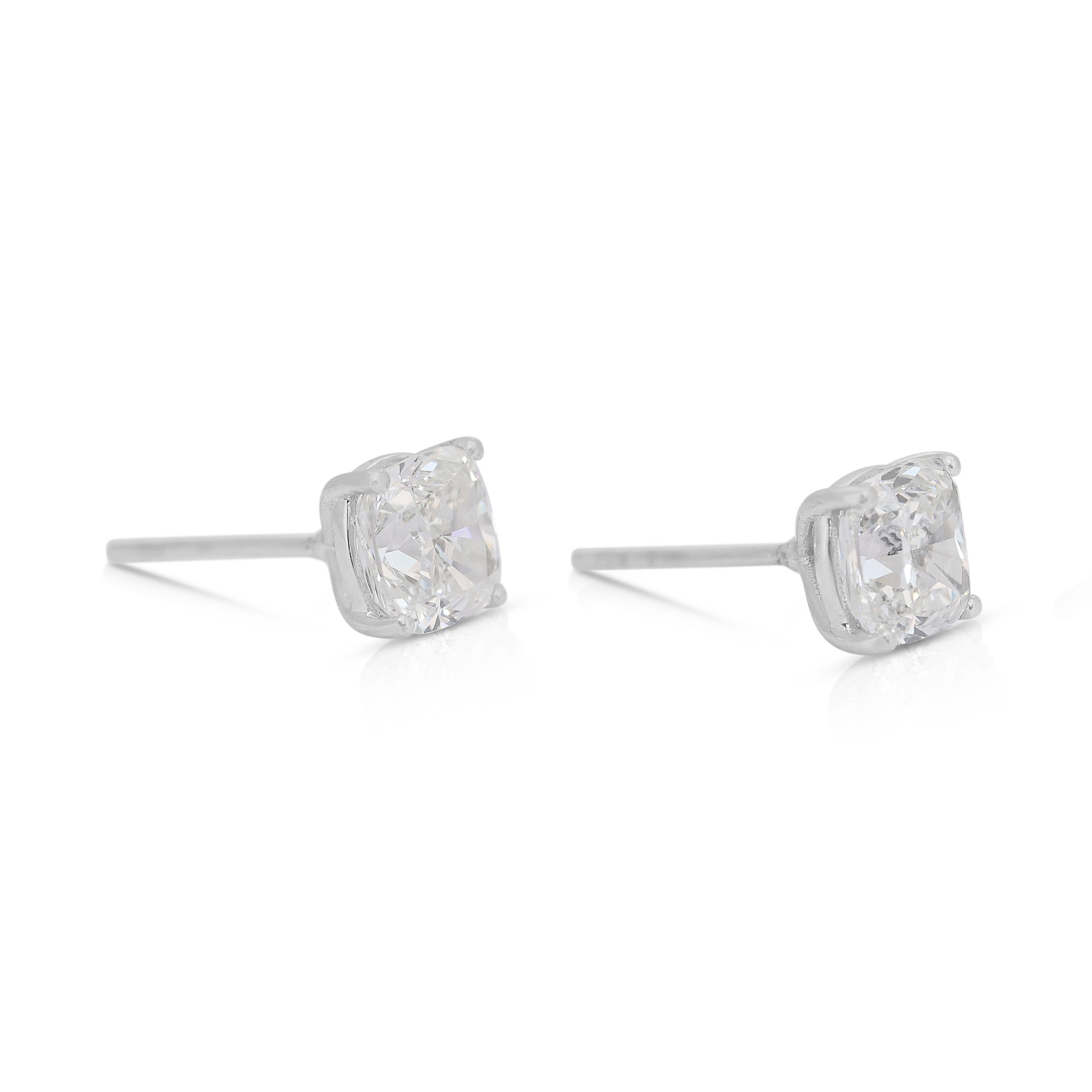 Cushion Cut Timeless 3.07ct Diamonds Stud Earrings in 18k White Gold - IGI Certified For Sale
