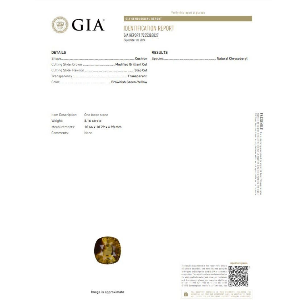 Timeless 6,16ct Chrysoberyll Edelstein - GIA zertifiziert

Dieser 6,16 Karat schwere, kissenförmige Chrysoberyll besticht durch eine Mischung aus bräunlich-grün-gelben Farbtönen, die ihn zu einem unverwechselbaren und seltenen Edelstein machen.
