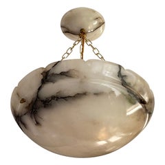 Timeless Alabaster and Bronze French Art Deco Pendant Light / Chandelier, 1920