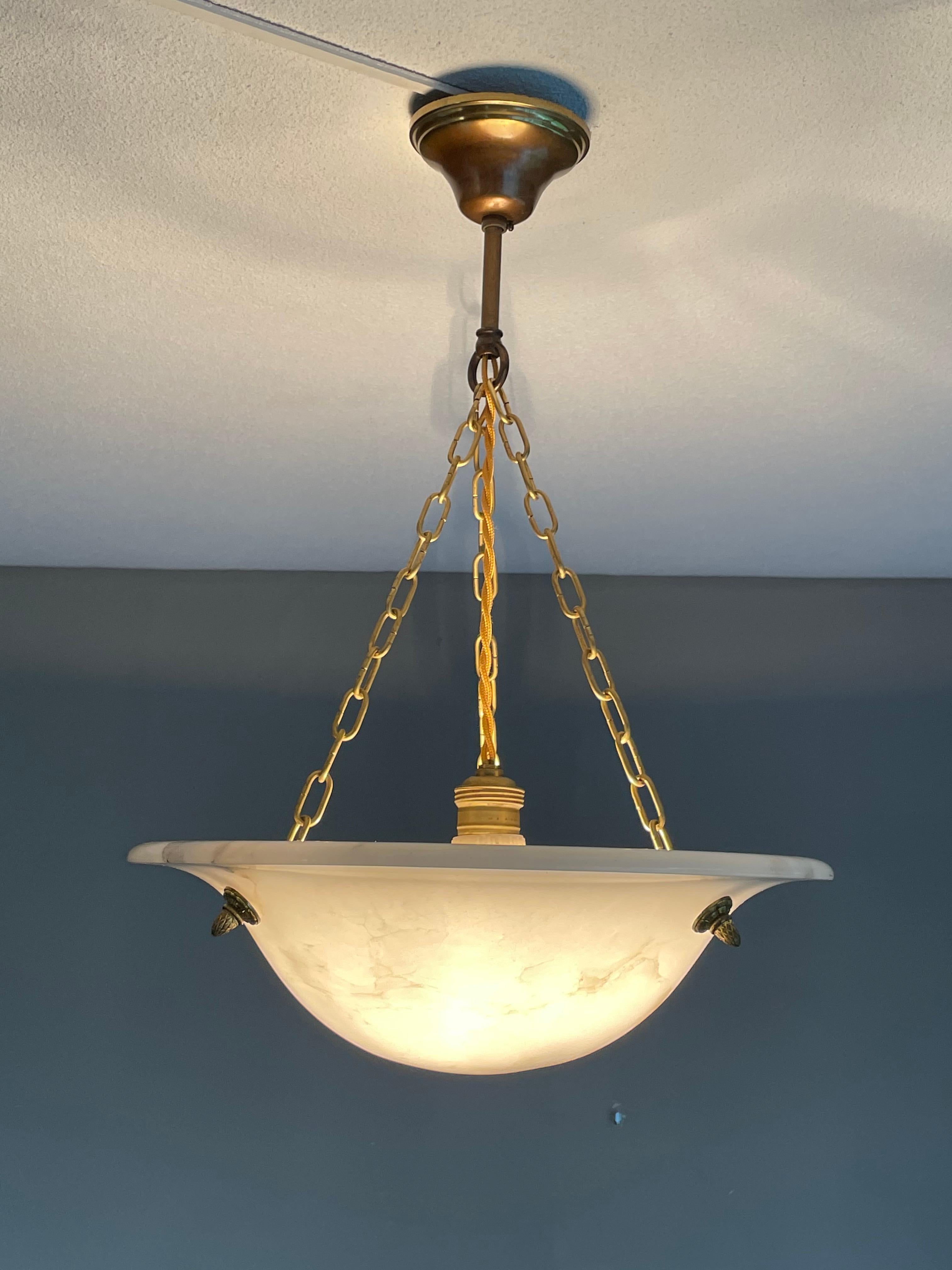 Hand-Carved Timeless Alabaster and Bronze French Art Deco Pendant Light / Flush Mount, 1920