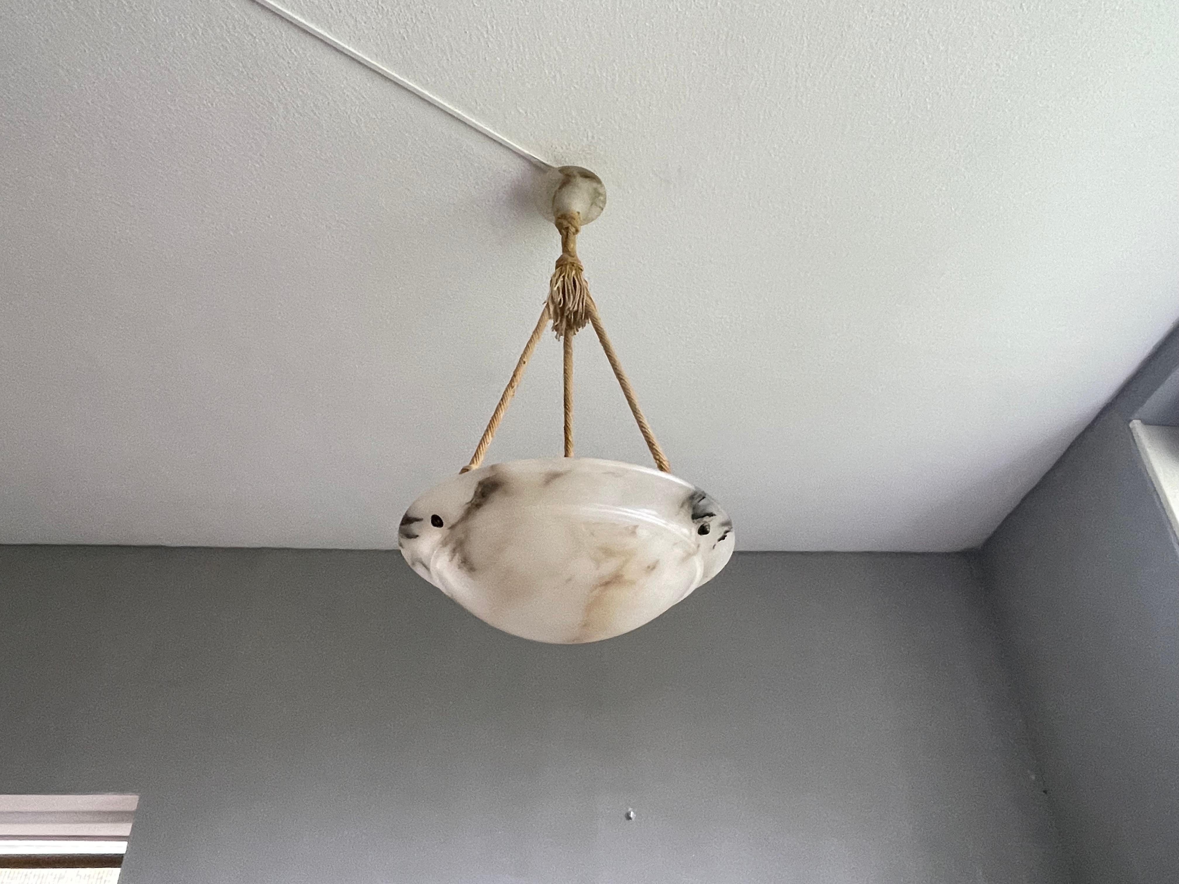 French Timeless Alabaster, Brass and Rope Art Deco Pendant / Antique Chandelier 1920