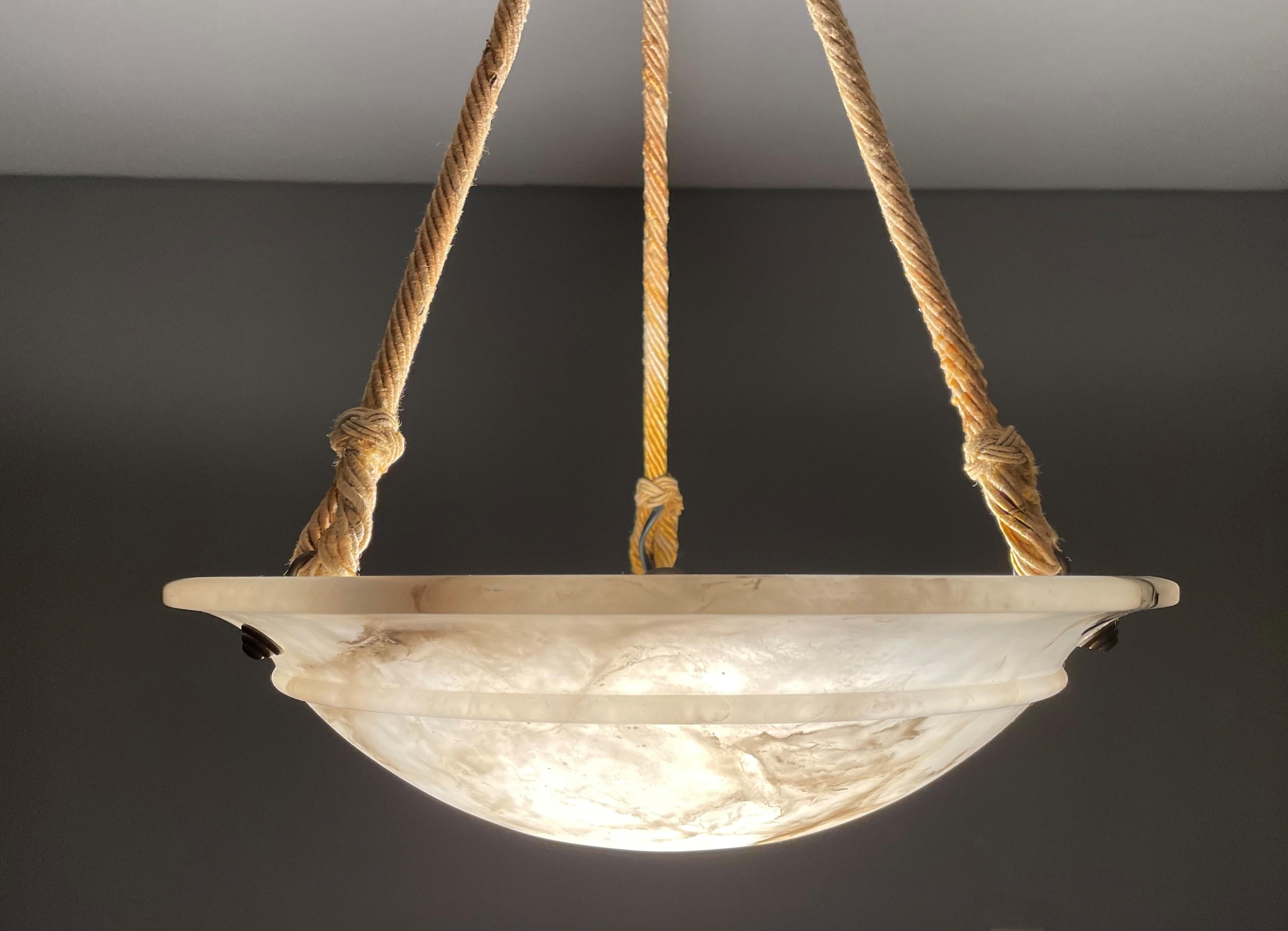 20th Century Timeless Alabaster, Brass and Rope Art Deco Pendant / Antique Chandelier 1920