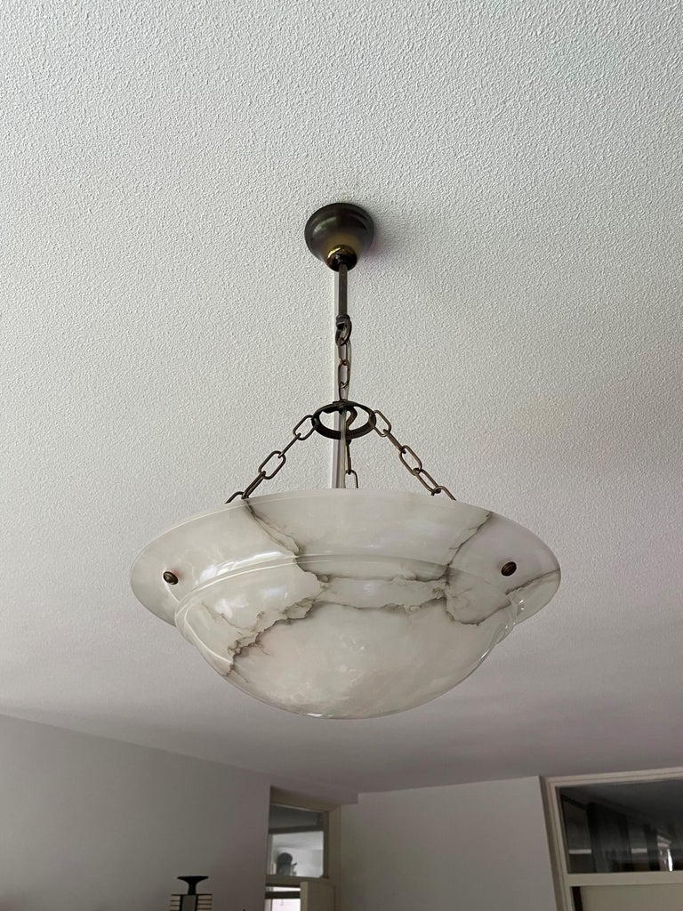 Timeless and Mint Alabaster & Brass French Art Deco Pendant Light / Chandelier For Sale 5