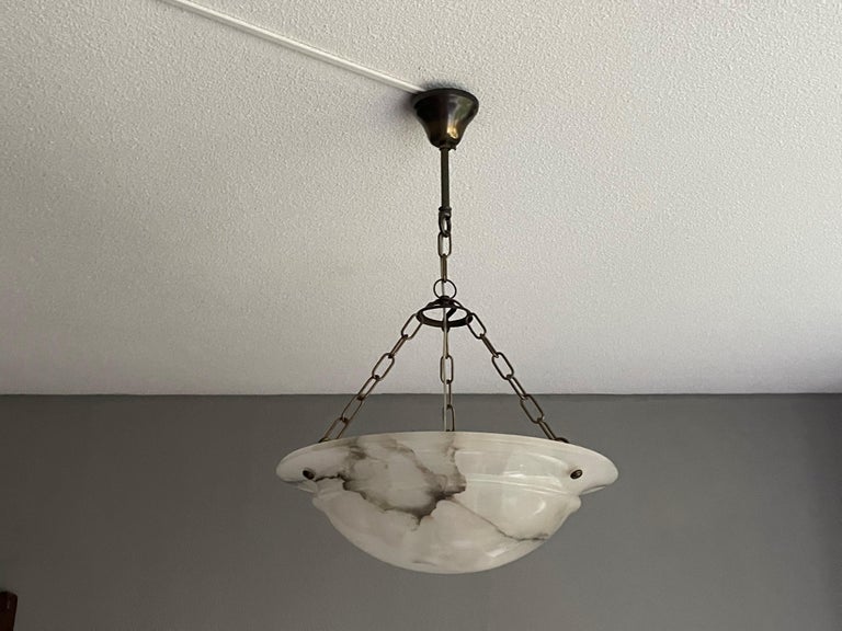 Timeless and Mint Alabaster & Brass French Art Deco Pendant Light / Chandelier For Sale 6