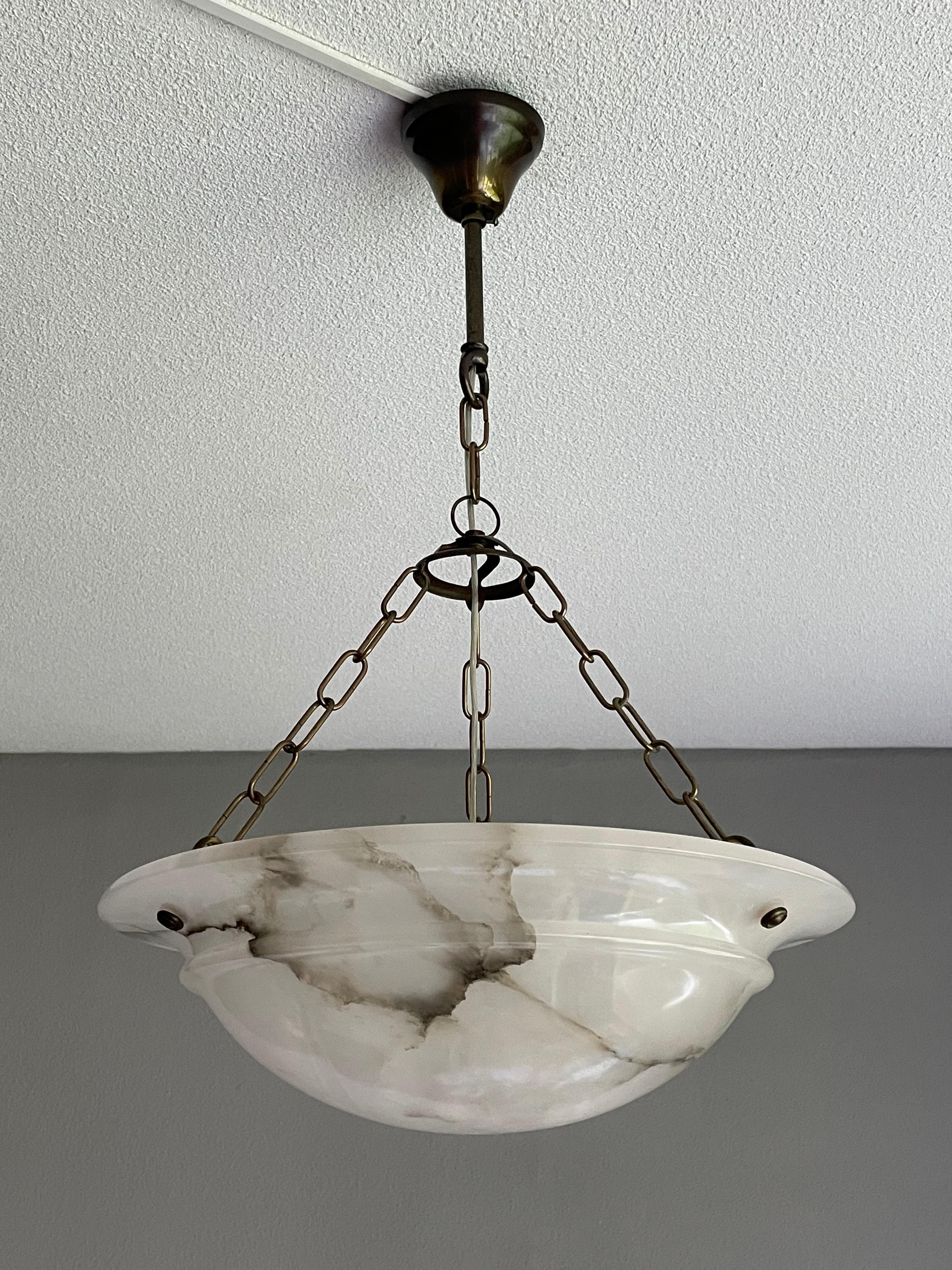 Timeless and Mint Alabaster & Brass French Art Deco Pendant Light / Chandelier 10