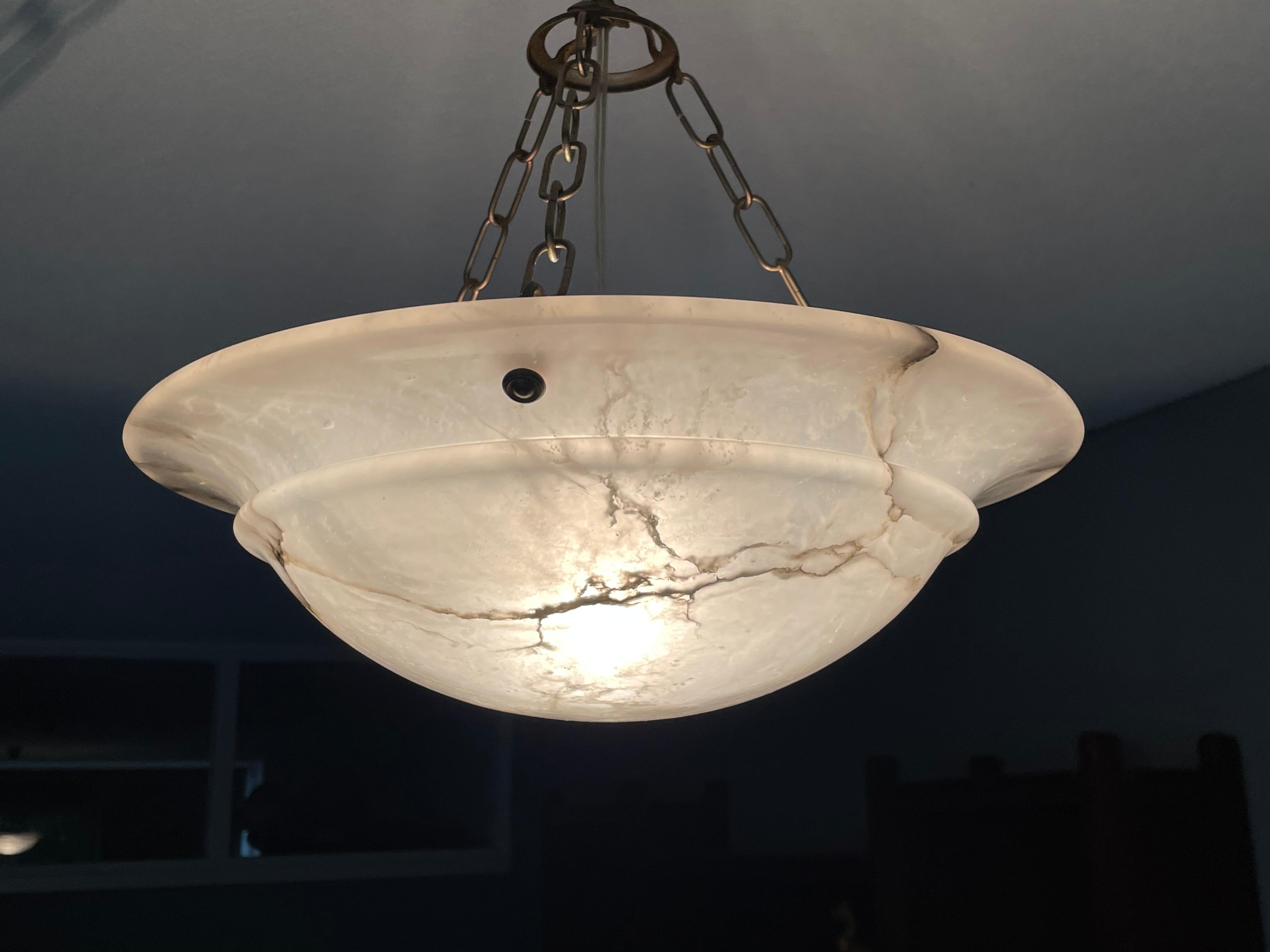 Metal Timeless and Mint Alabaster & Brass French Art Deco Pendant Light / Chandelier