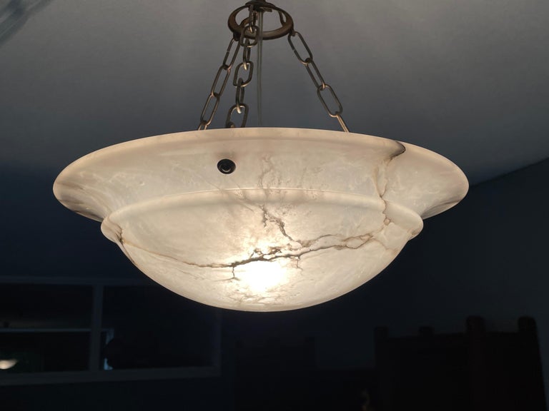 Metal Timeless and Mint Alabaster & Brass French Art Deco Pendant Light / Chandelier For Sale