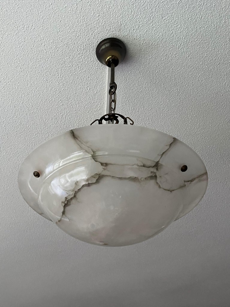 Timeless and Mint Alabaster & Brass French Art Deco Pendant Light / Chandelier For Sale 3