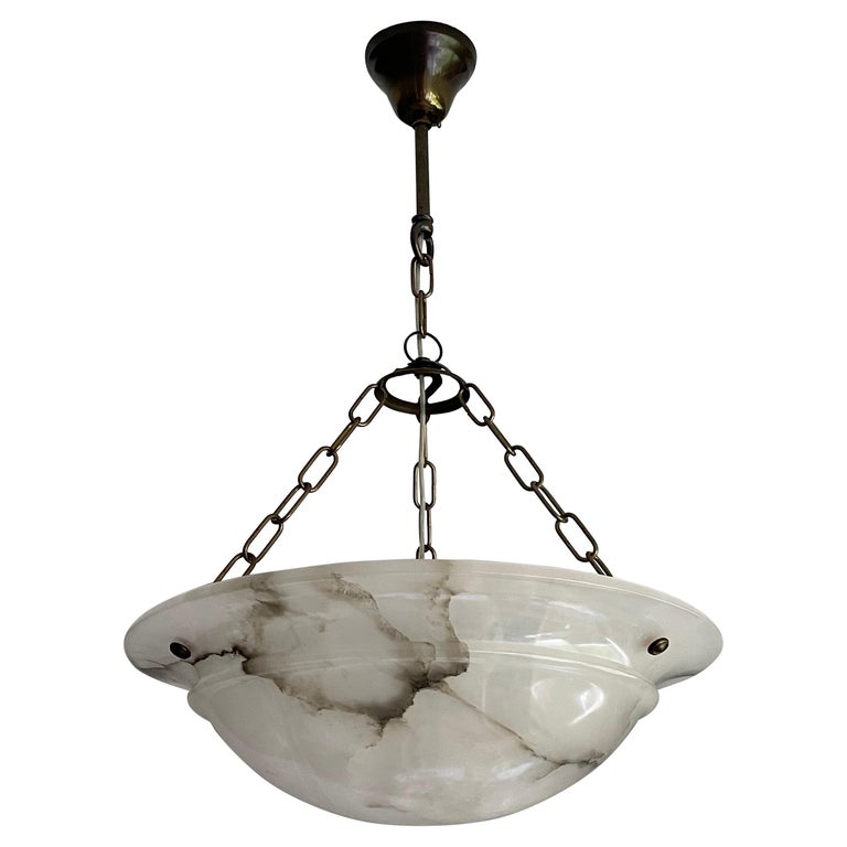 Timeless and Mint Alabaster & Brass French Art Deco Pendant Light / Chandelier For Sale