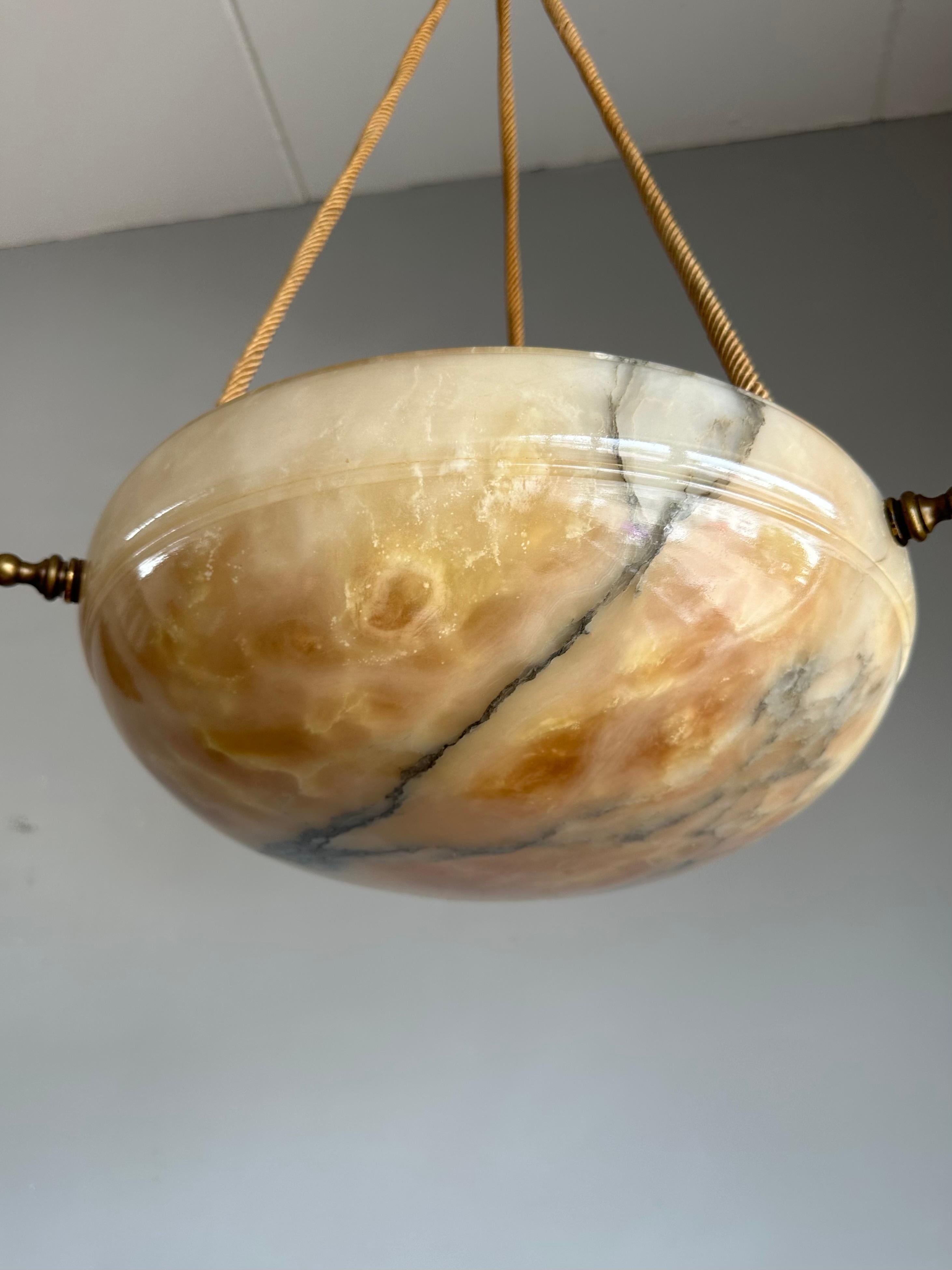 Hand-Carved Timeless Art Deco Design Alabaster Pendant Light, Superb Condition Fixture 1910s