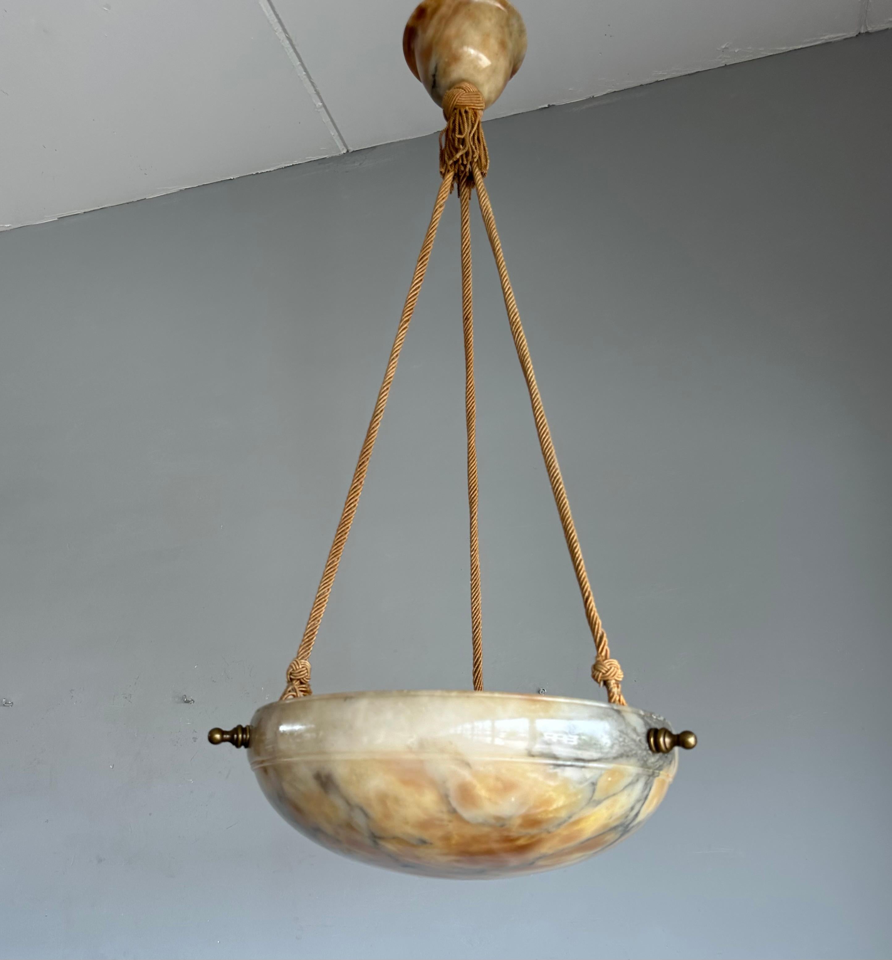 Brass Timeless Art Deco Design Alabaster Pendant Light, Superb Condition Fixture 1910s