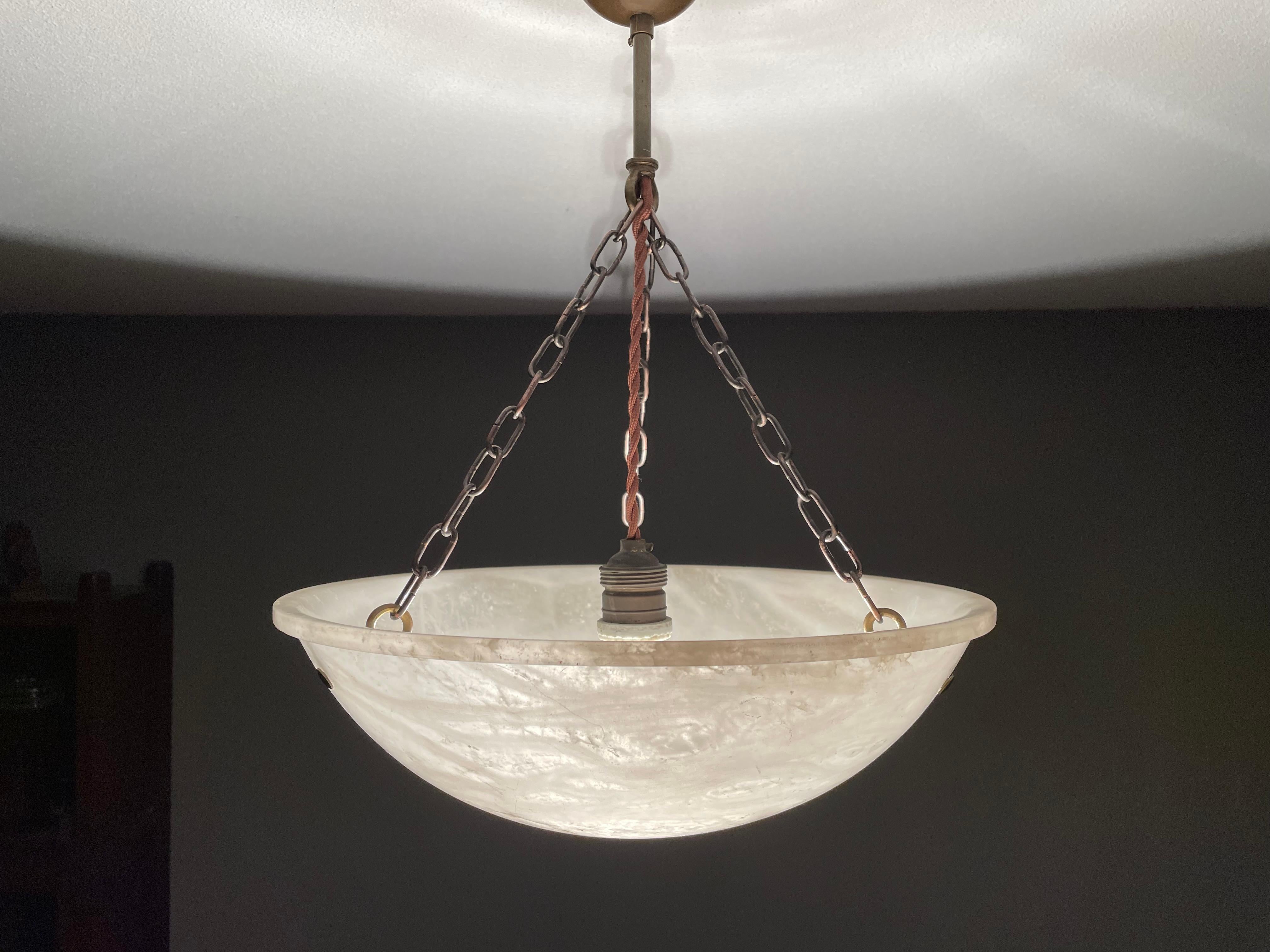 Timeless Art Deco Pendant / Flushmount w. Pearly Alabaster Shade & Brass Canopy 4
