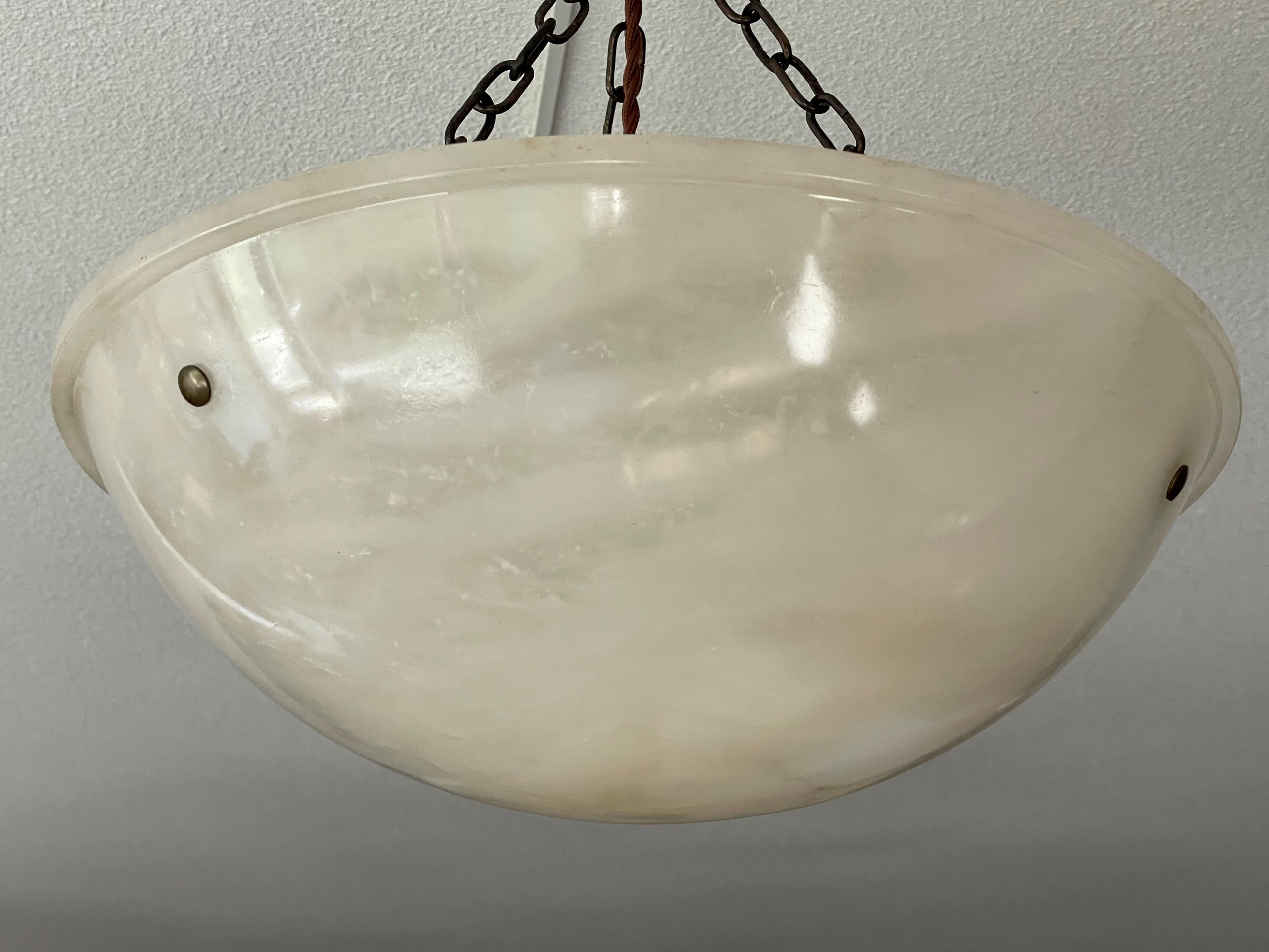 Timeless Art Deco Pendant / Flushmount w. Pearly Alabaster Shade & Brass Canopy 7