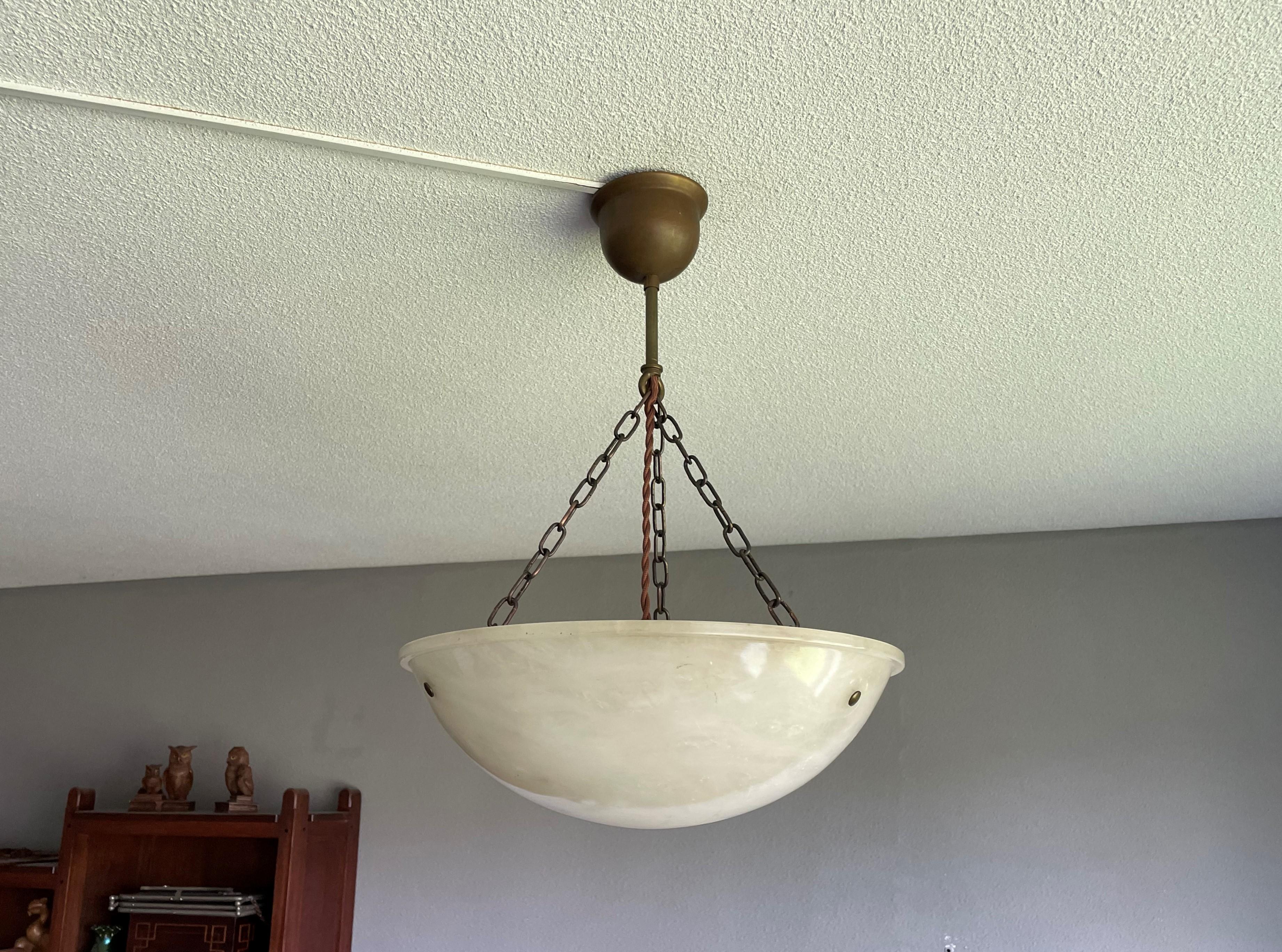 20th Century Timeless Art Deco Pendant / Flushmount w. Pearly Alabaster Shade & Brass Canopy