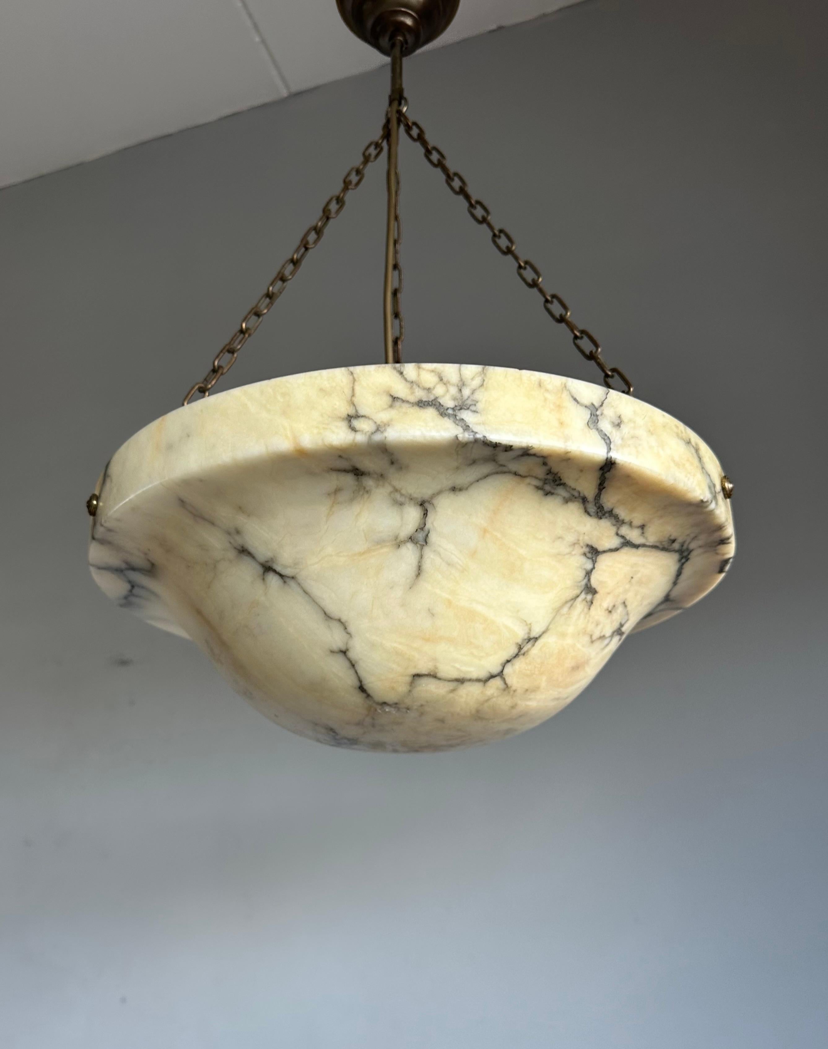 French Timeless Art Deco & Perfect White, Amber & Black Color Alabaster Pendant Light