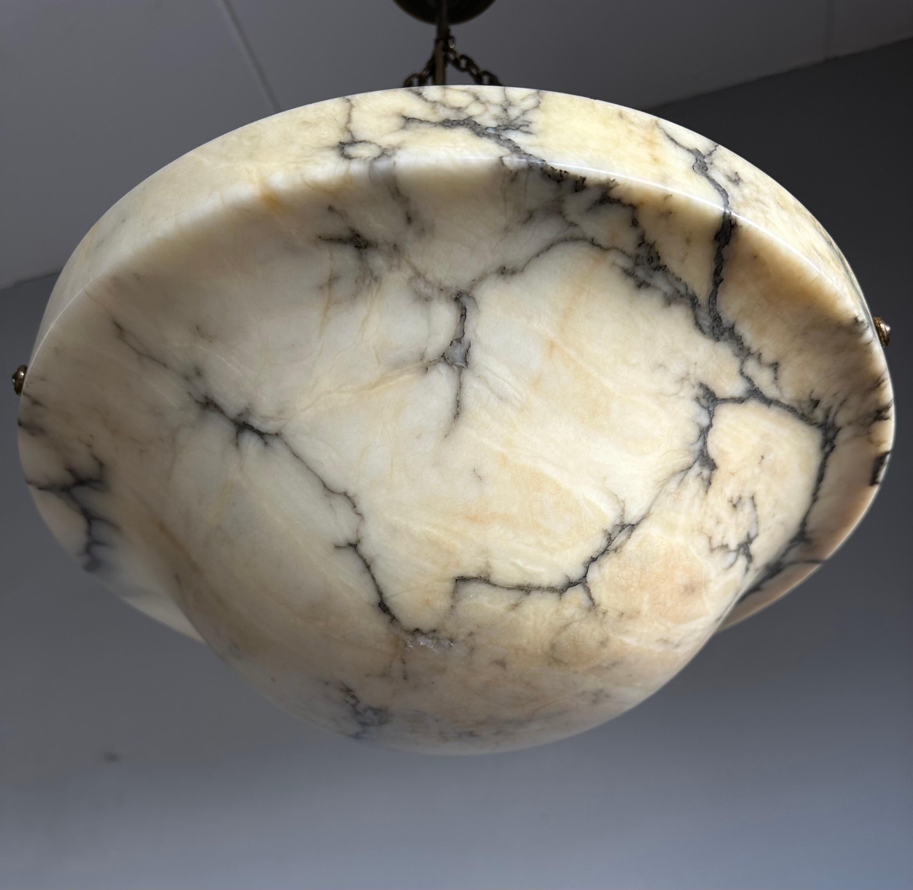 Hand-Carved Timeless Art Deco & Perfect White, Amber & Black Color Alabaster Pendant Light