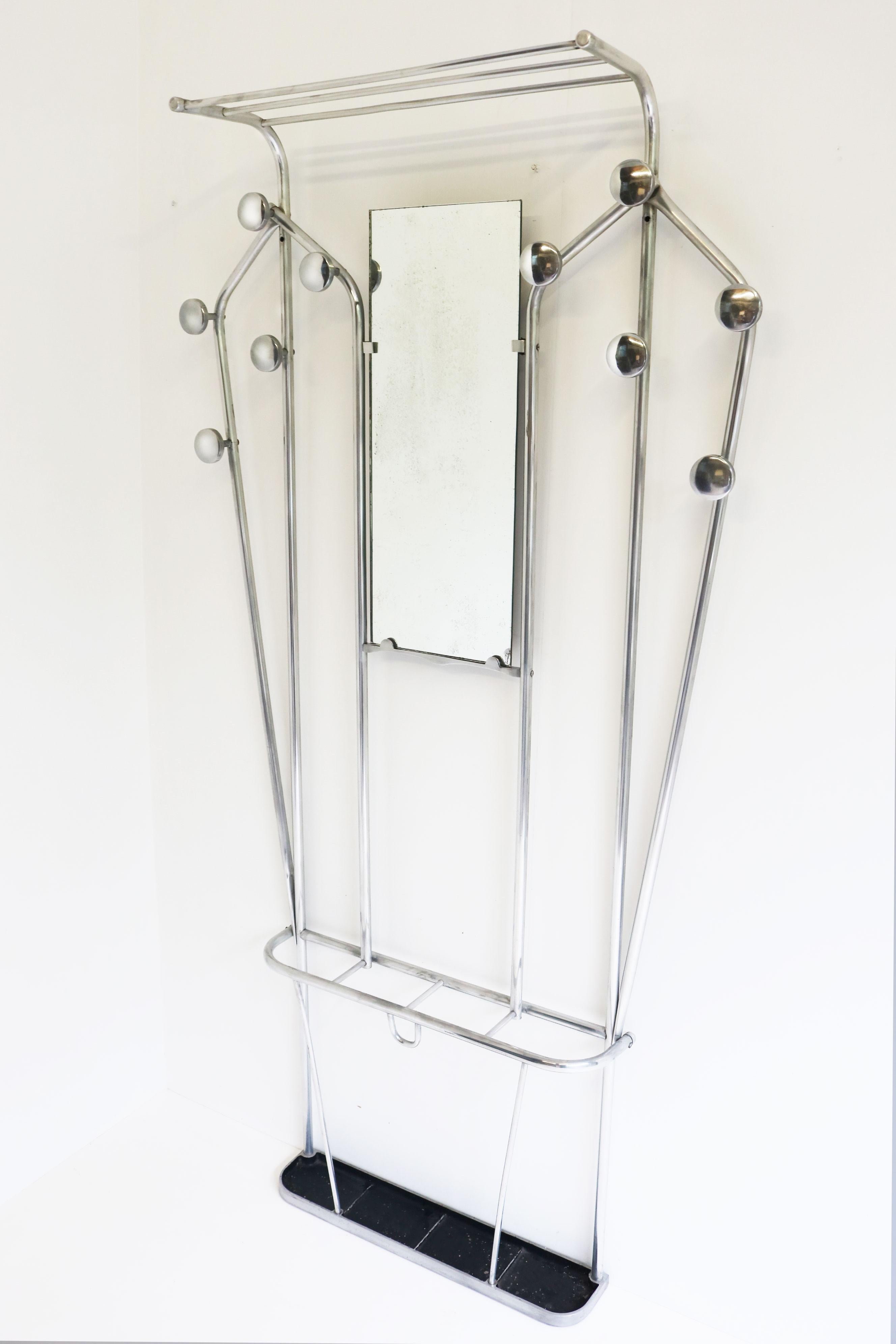 French Timeless Art Deco Polished Aluminum Hall Tree Umbrella Stand Coat Rack Bauhaus For Sale
