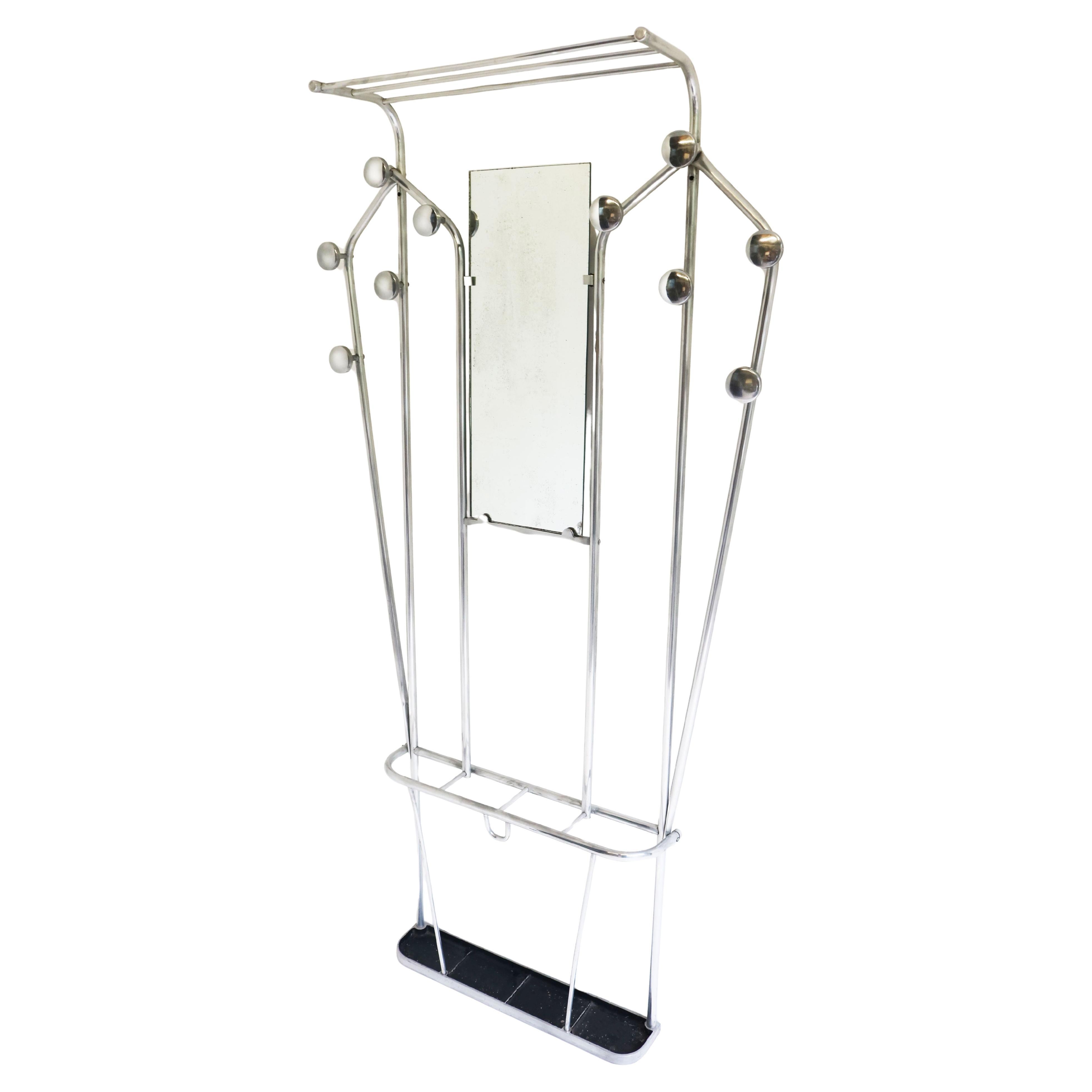 Timeless Art Deco Polished Aluminum Hall Tree Umbrella Stand Coat Rack Bauhaus