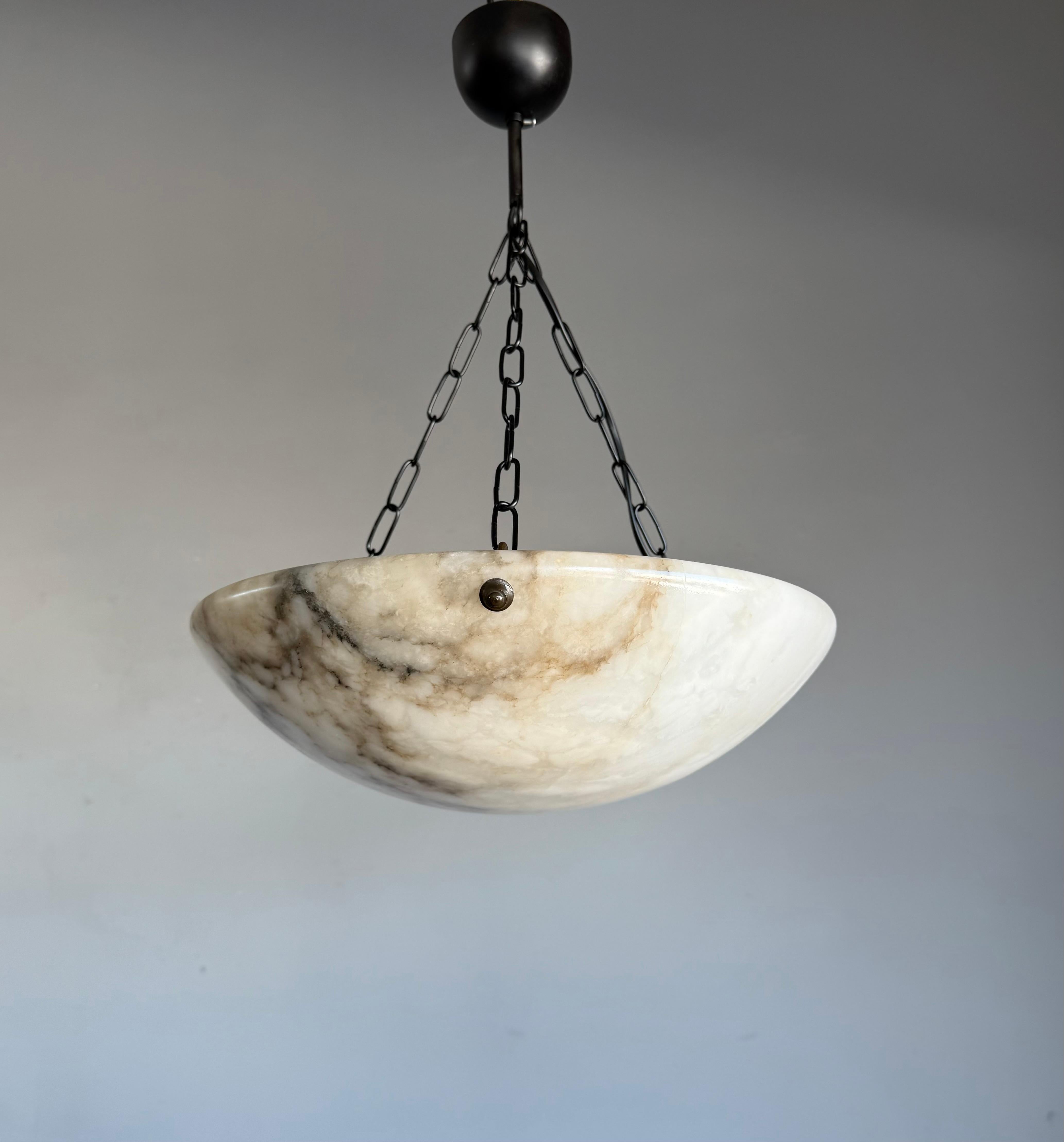 European Timeless Art Deco White & Black Alabaster Pendant Antique Light Fixture ca. 1920
