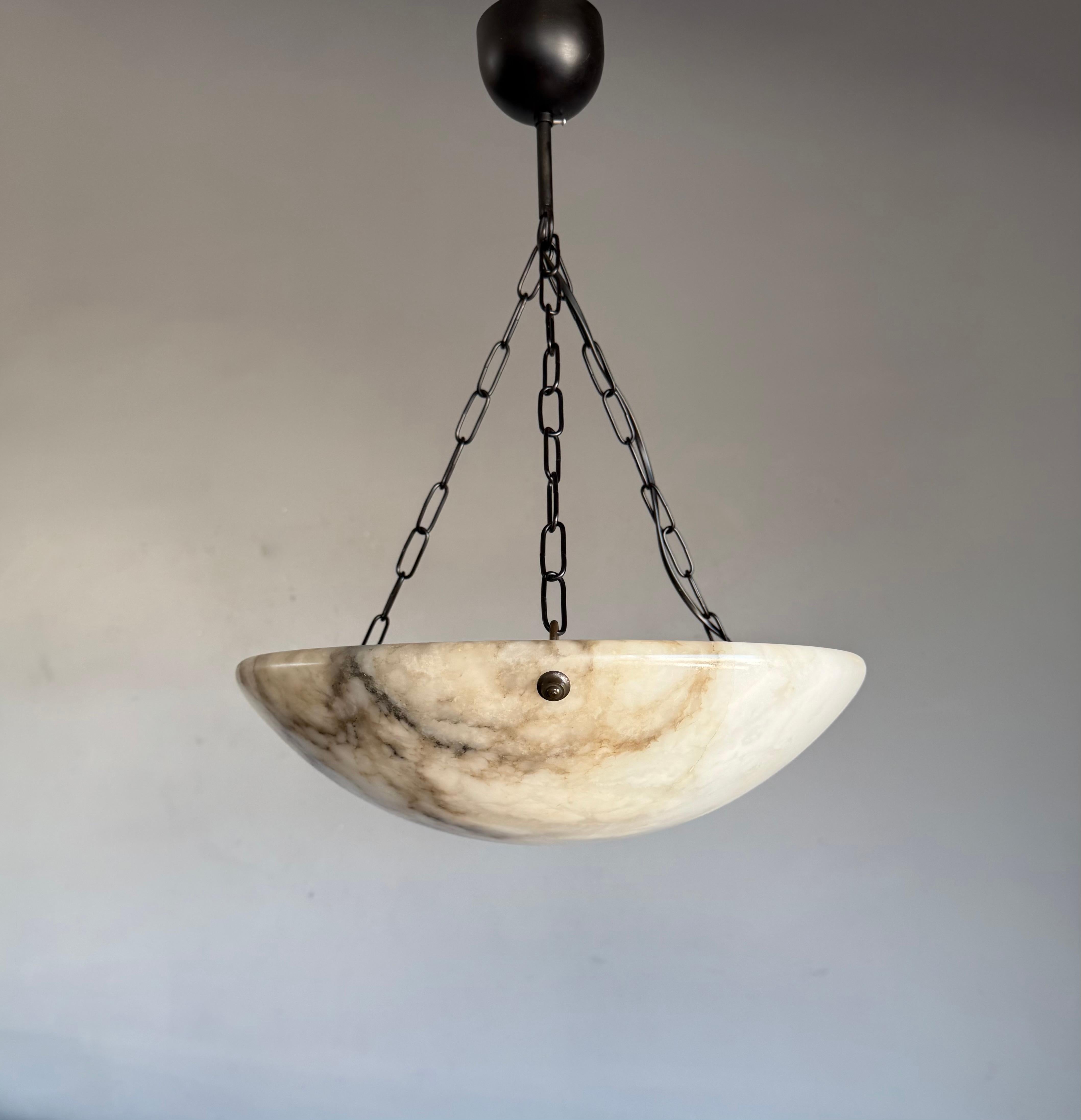 Polished Timeless Art Deco White & Black Alabaster Pendant Antique Light Fixture ca. 1920