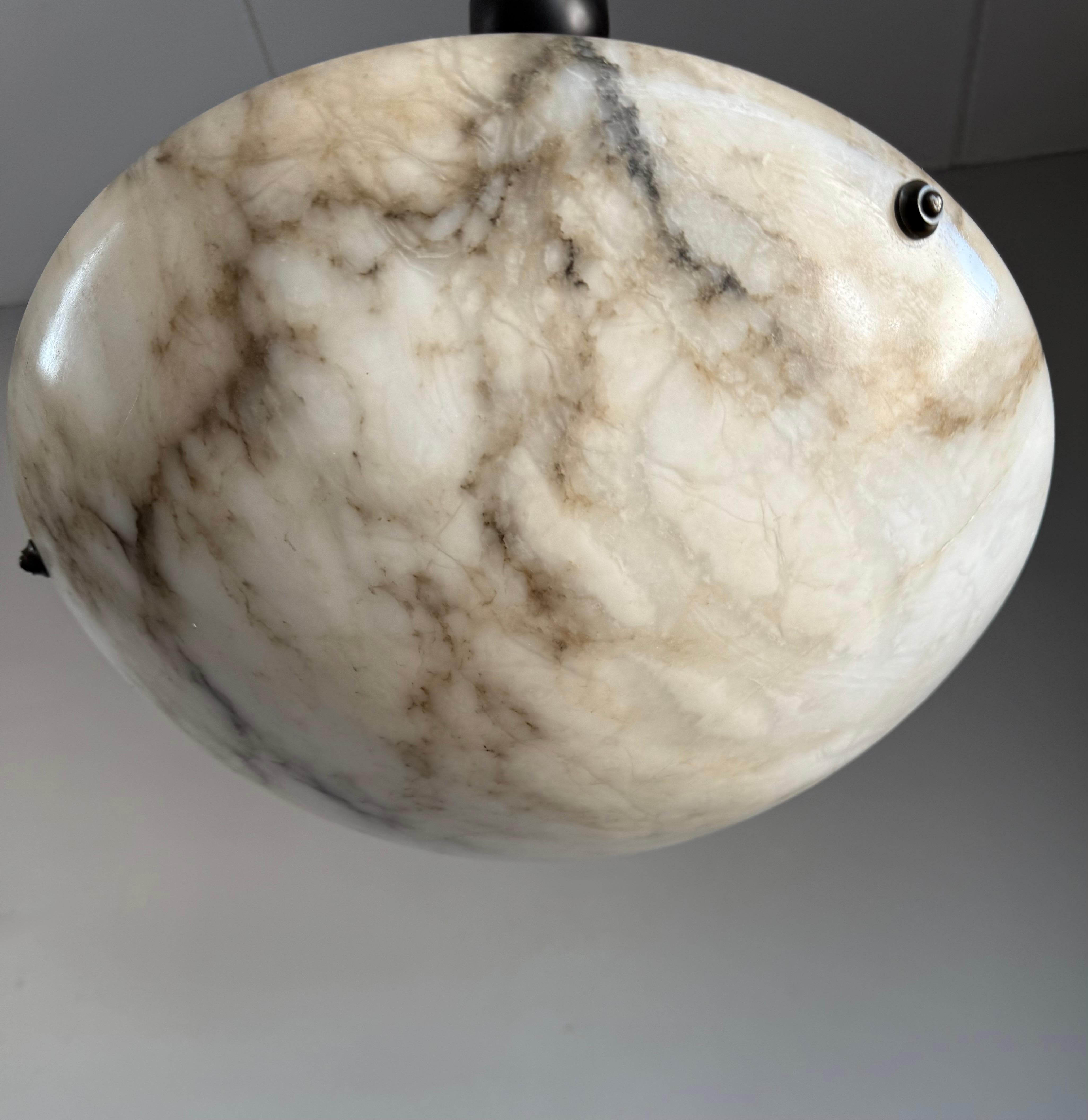 20th Century Timeless Art Deco White & Black Alabaster Pendant Antique Light Fixture ca. 1920