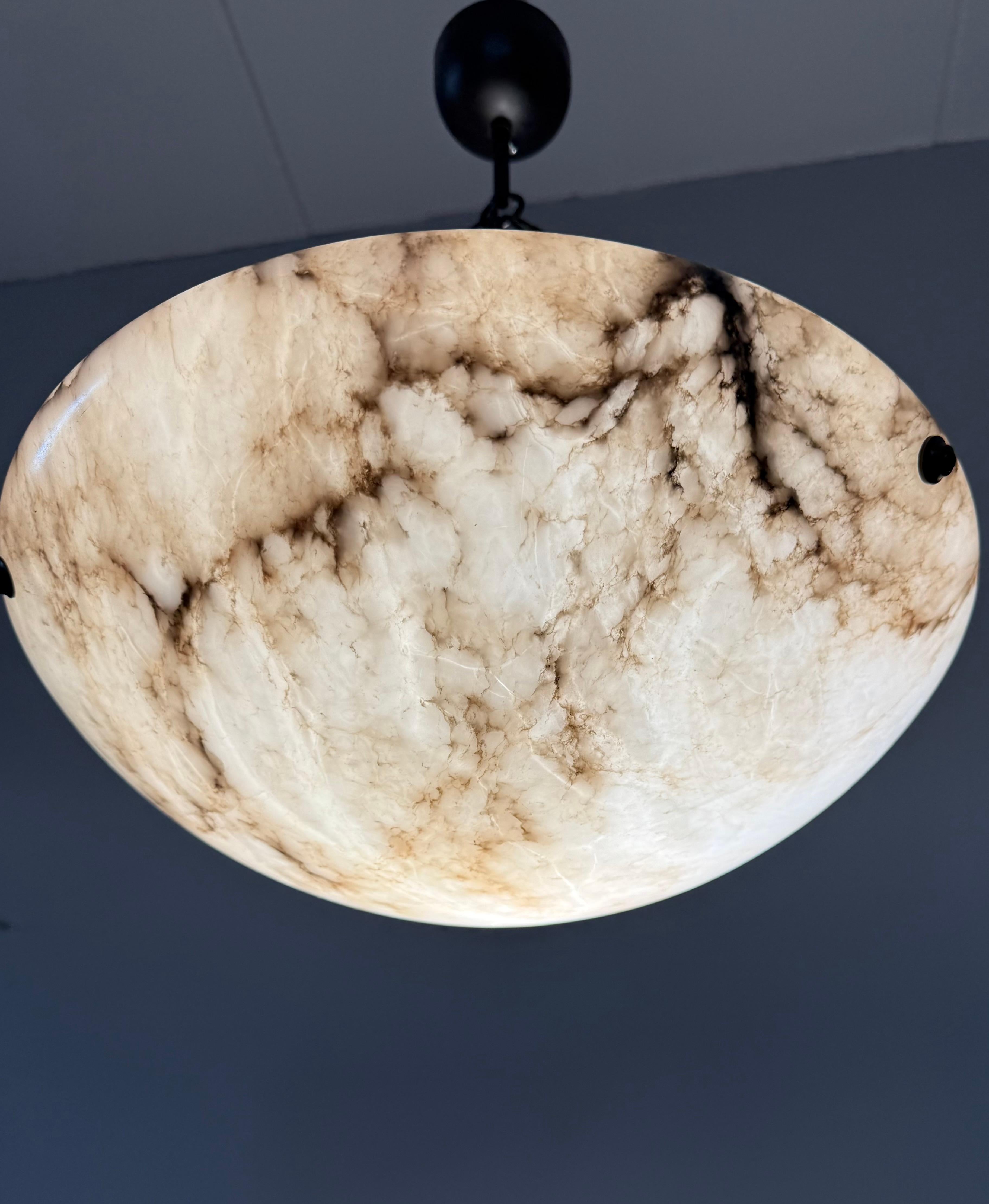 Metal Timeless Art Deco White & Black Alabaster Pendant Antique Light Fixture ca. 1920
