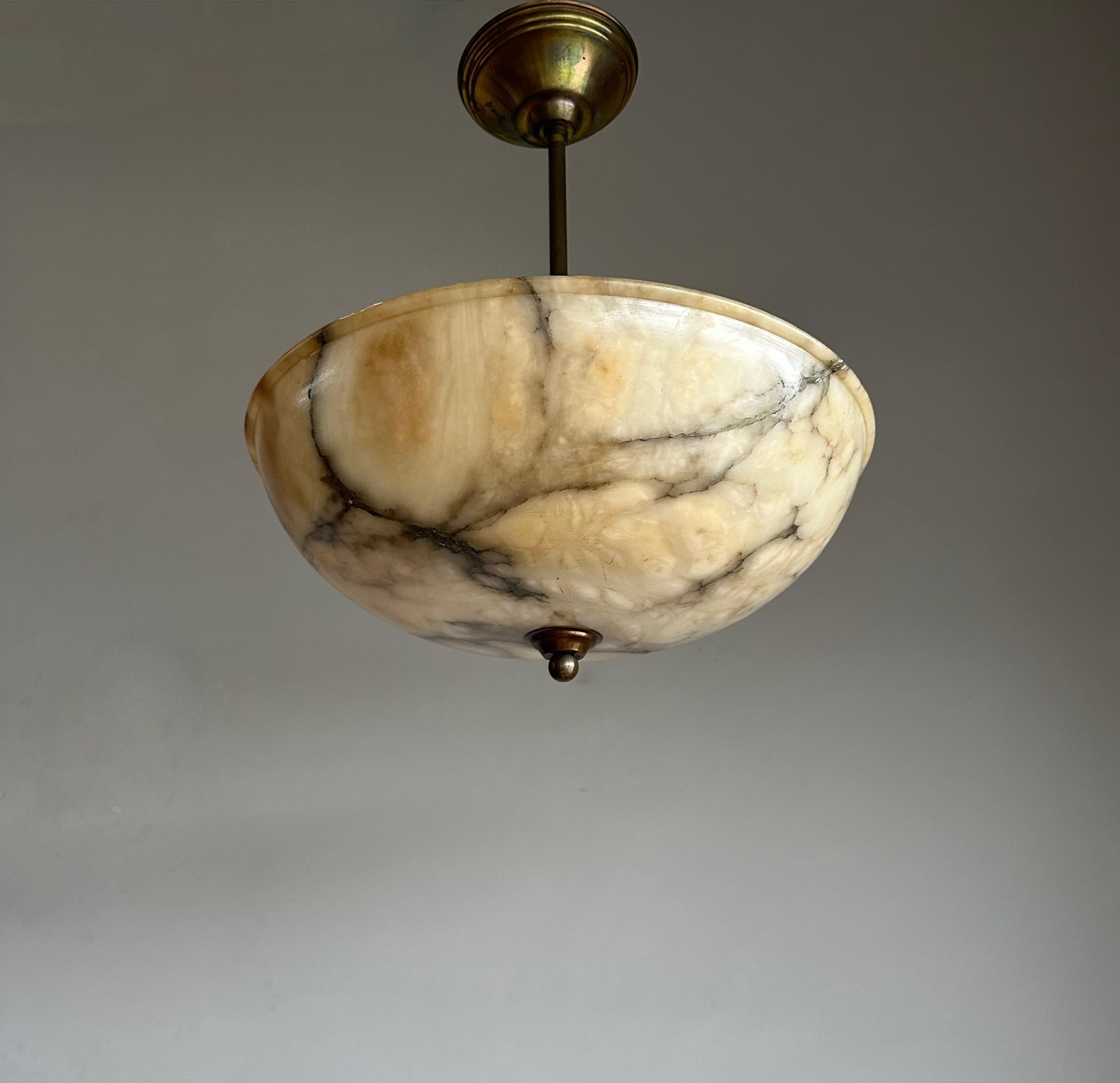 Early 20th Century Timeless Art Deco White, Black & Amber Alabaster Pendant Light w. Extendable Rod For Sale