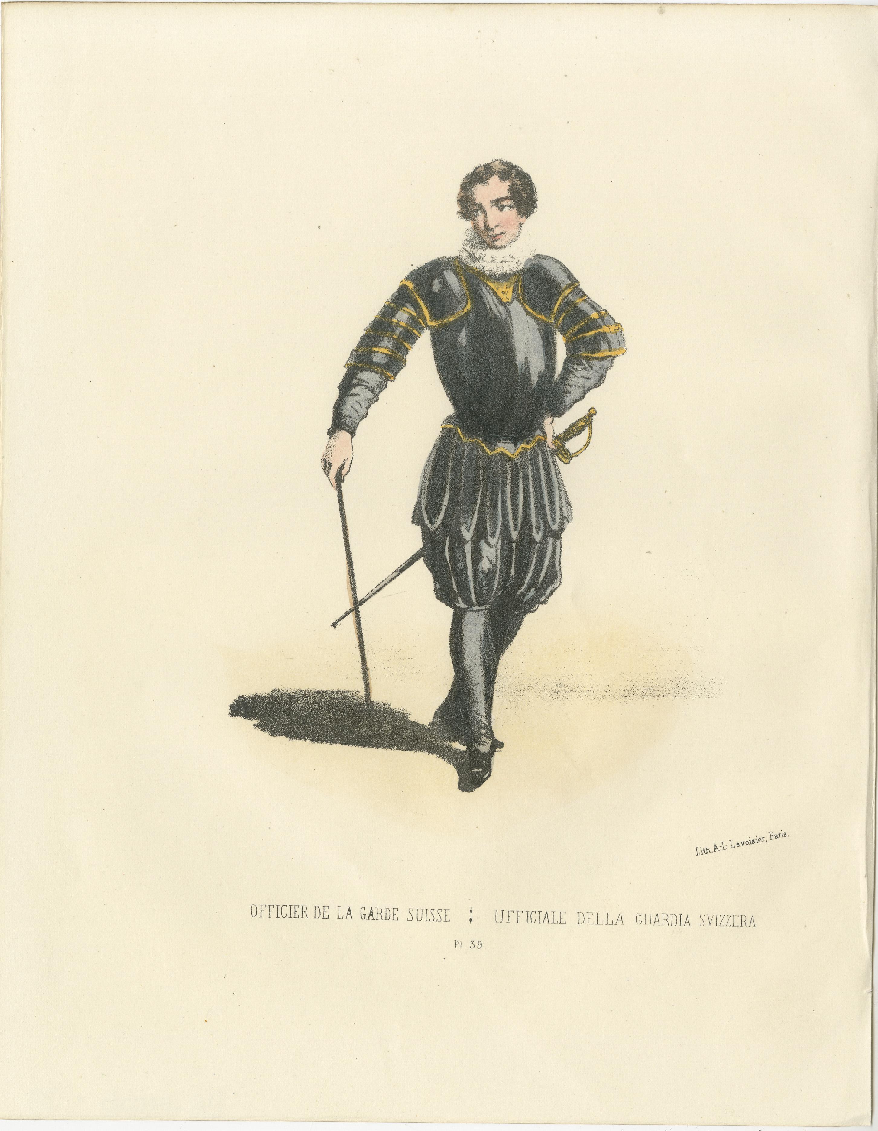 Timeless Authority: Handkolorierter Druck eines Schweizergardisten, Tafel 39, 1862  

Diese elegante handkolorierte Lithografie, Timeless Authority, ist Tafel 39 aus der zweiten Ausgabe von Album ou Collection Complète, et Historique des Costumes de