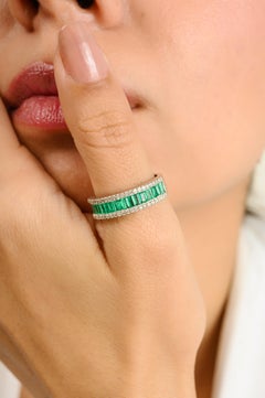 Timeless Baguette Cut Emerald Diamond Half Eternity Band Ring in 14k White Gold