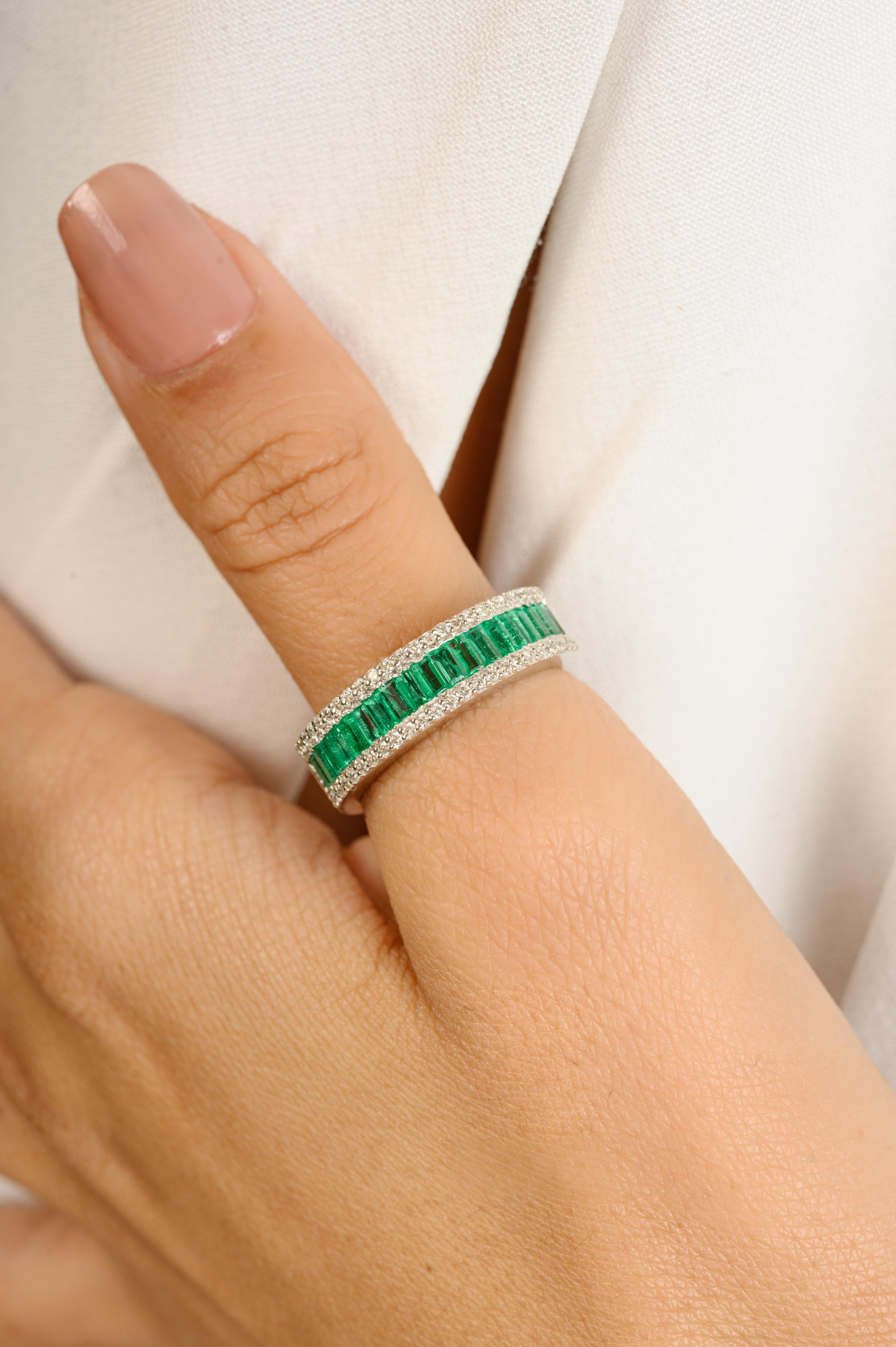 For Sale:  Timeless Baguette Cut Emerald Diamond Half Eternity Band Ring in 14k White Gold 4