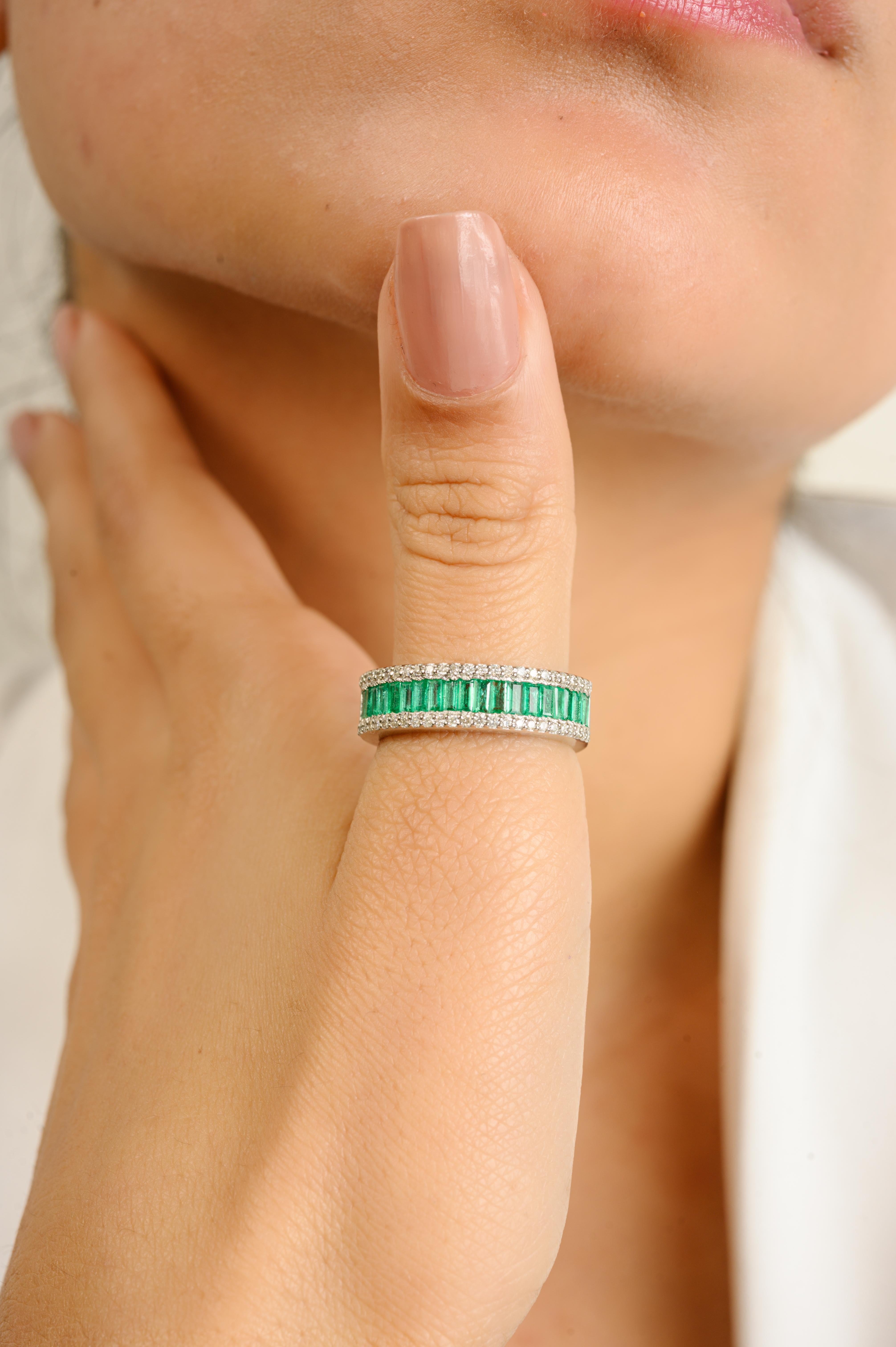 For Sale:  Timeless Baguette Cut Emerald Diamond Half Eternity Band Ring in 14k White Gold 6