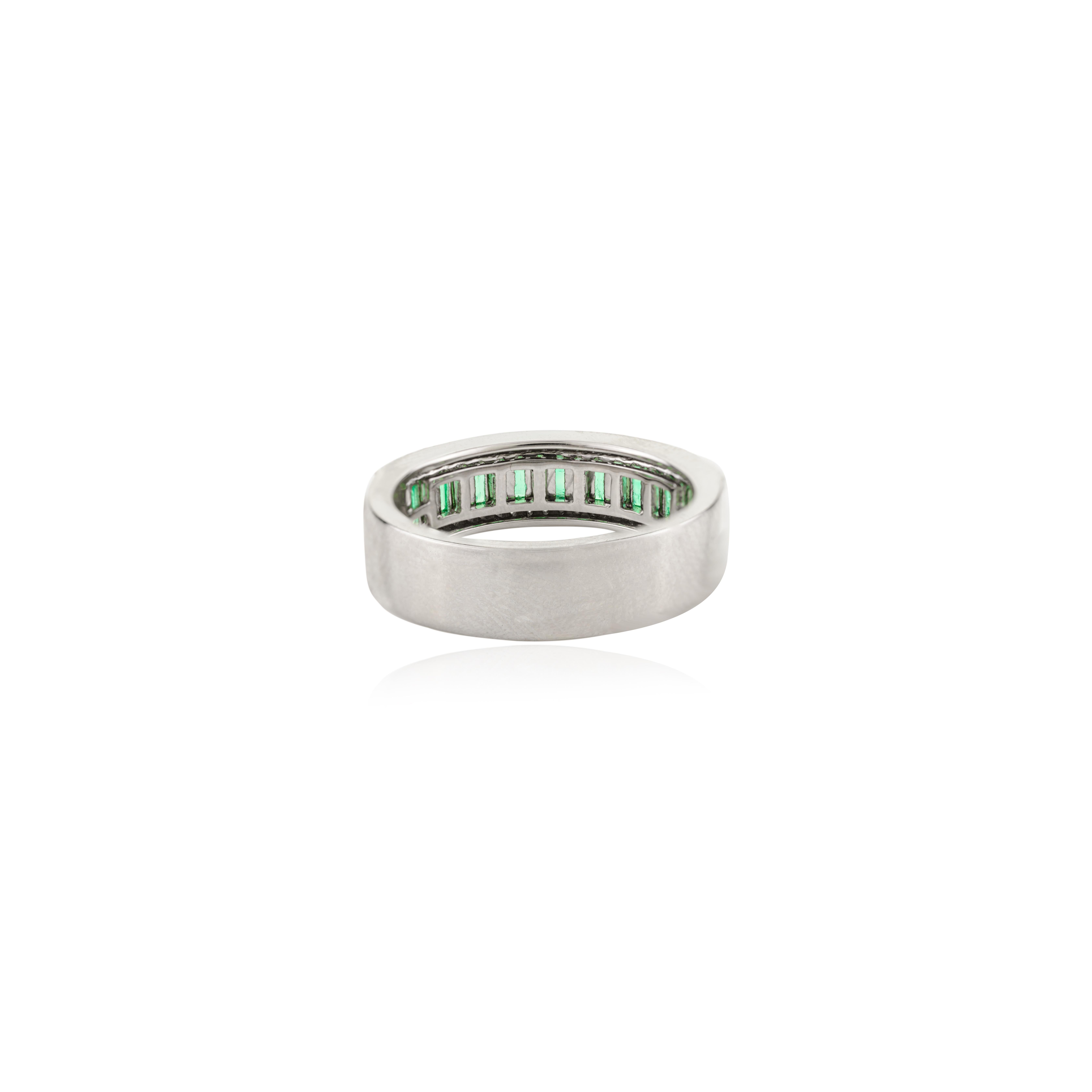 For Sale:  Timeless Baguette Cut Emerald Diamond Half Eternity Band Ring in 14k White Gold 7